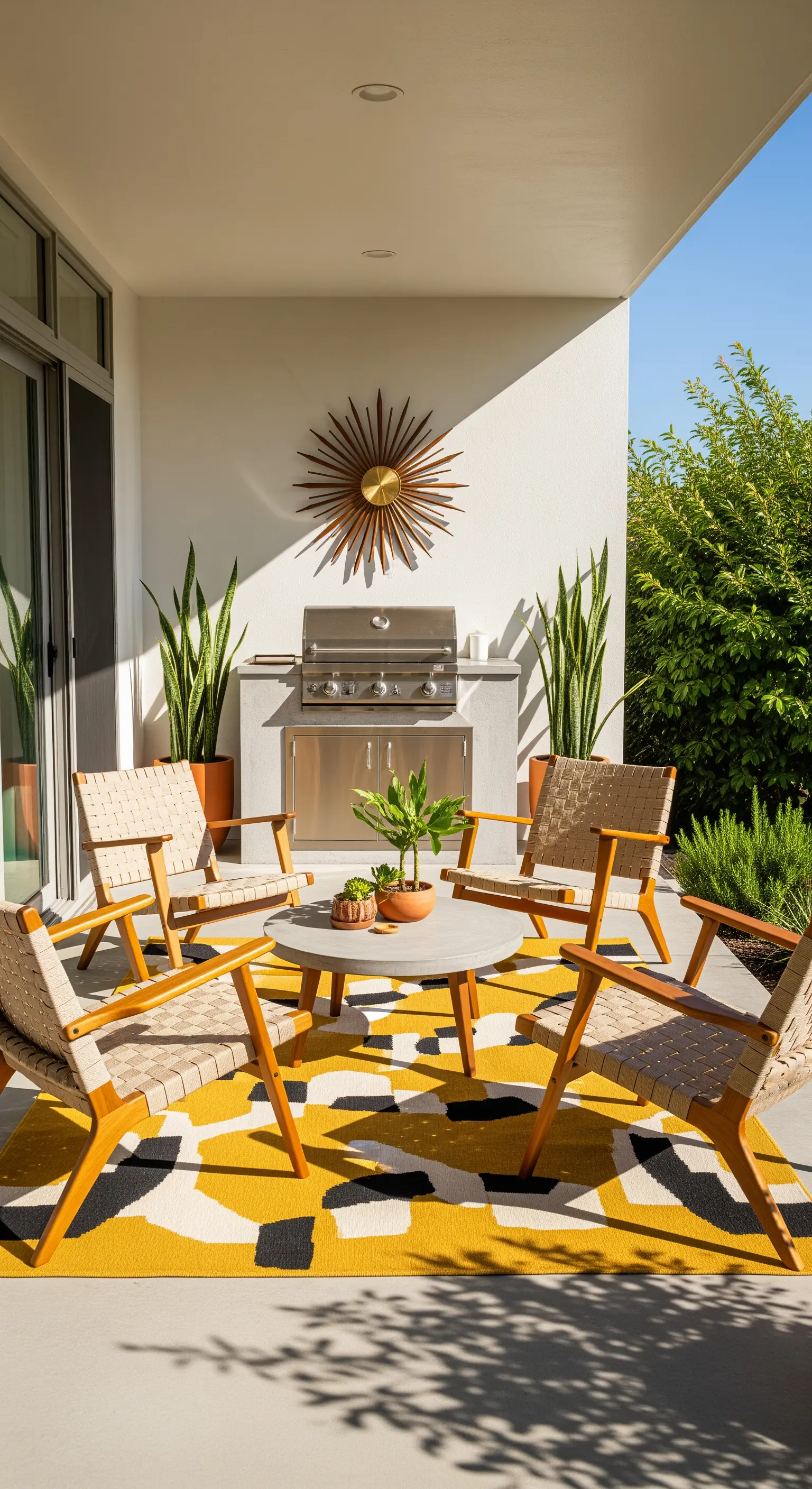 Mid-Century Modern Terrasse mit gelb-schwarzem Teppich, Holzstühlen und Sonnenspiegel