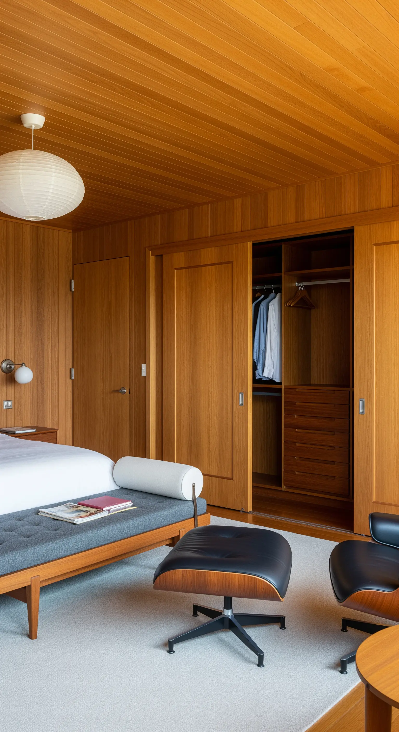 Schlafzimmer im Mid-Century-Stil mit durchgehender Holzverkleidung und Schiebetüren zum Schrank
