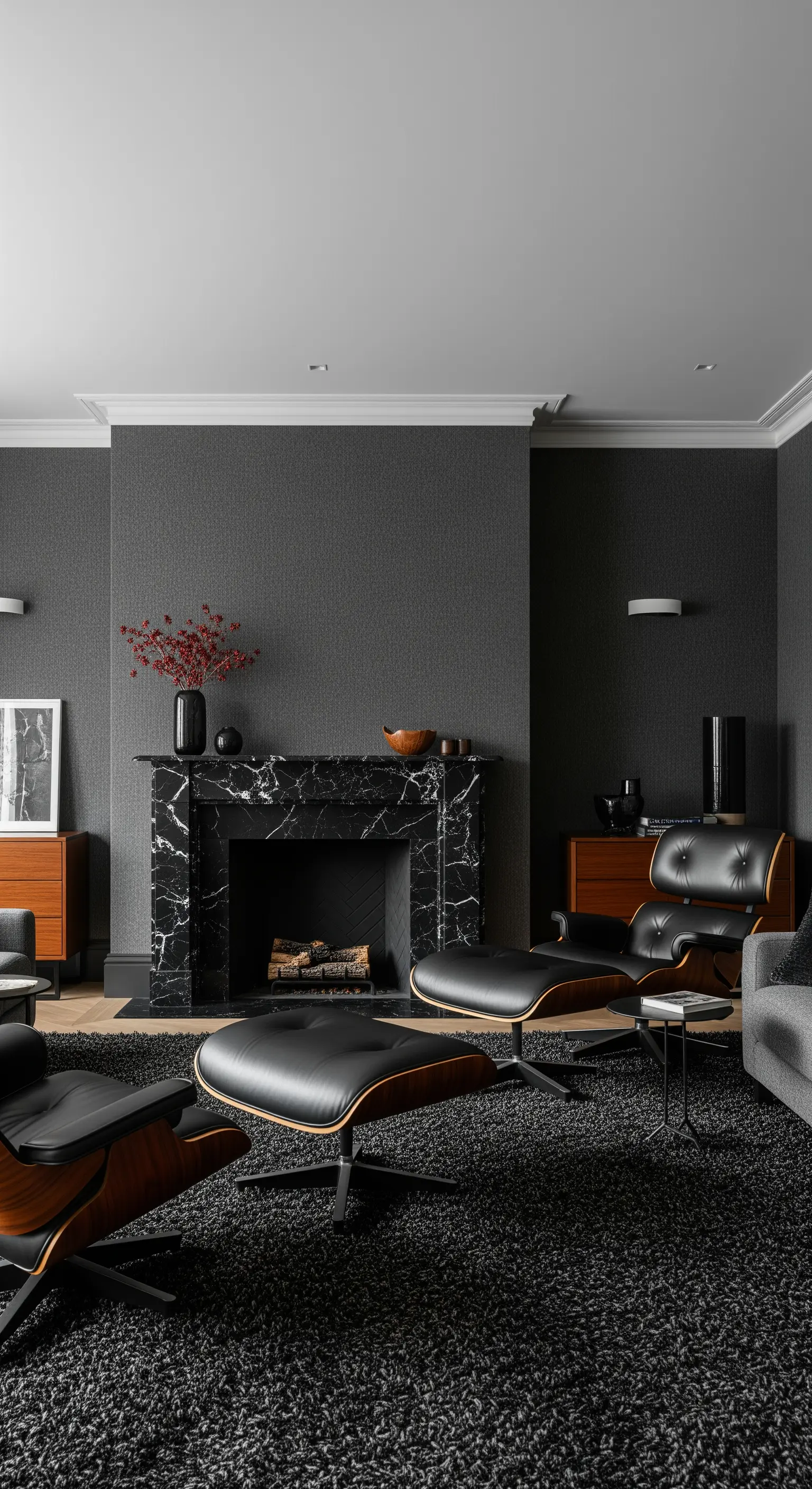 Mid-Century-Wohnzimmer mit dunklen Wänden, Eames Lounge Chair und schwarzem Marmorkamin.