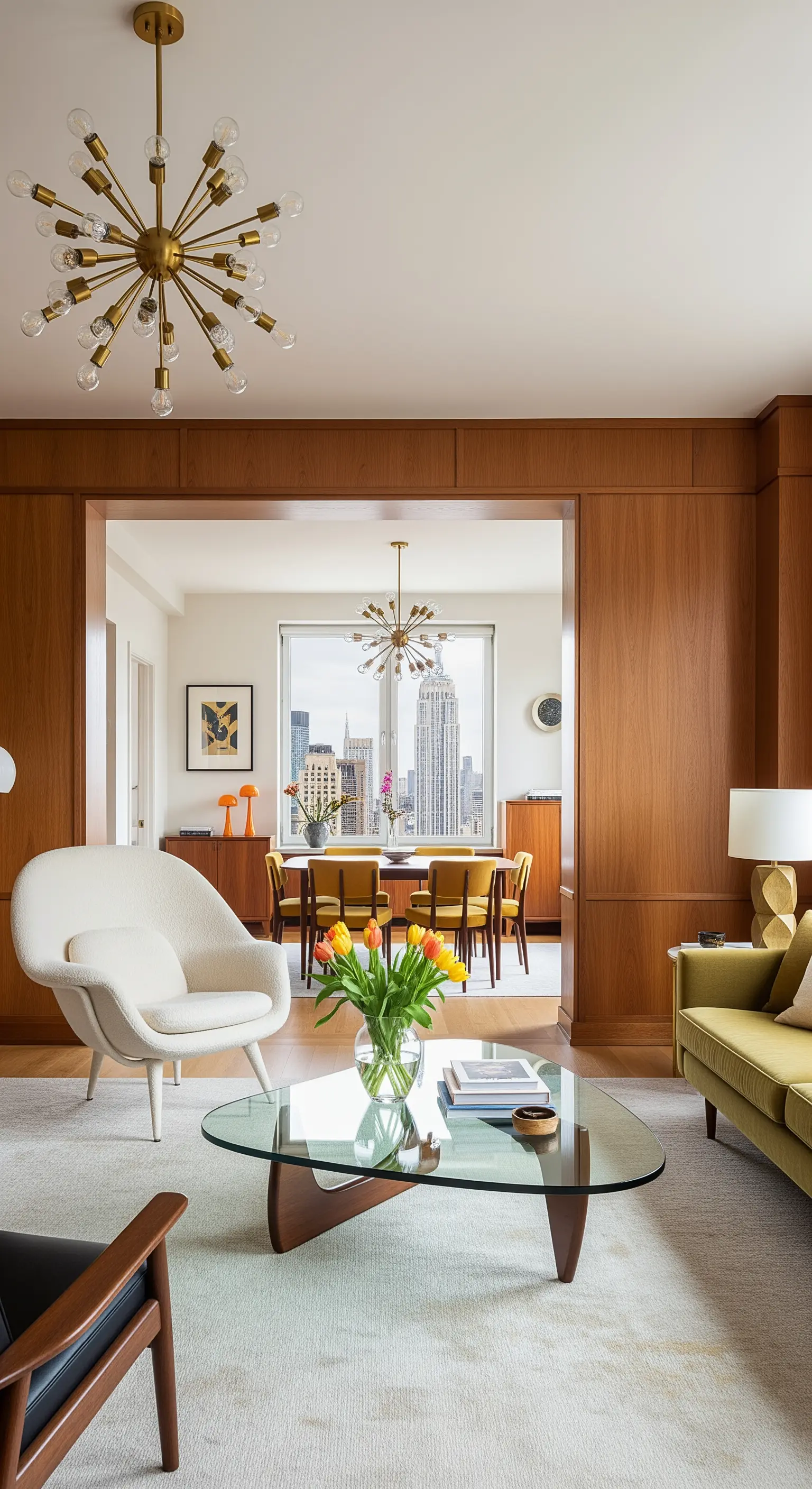 Mid-Century Wohnzimmer mit Holzvertäfelung und Designklassikern.