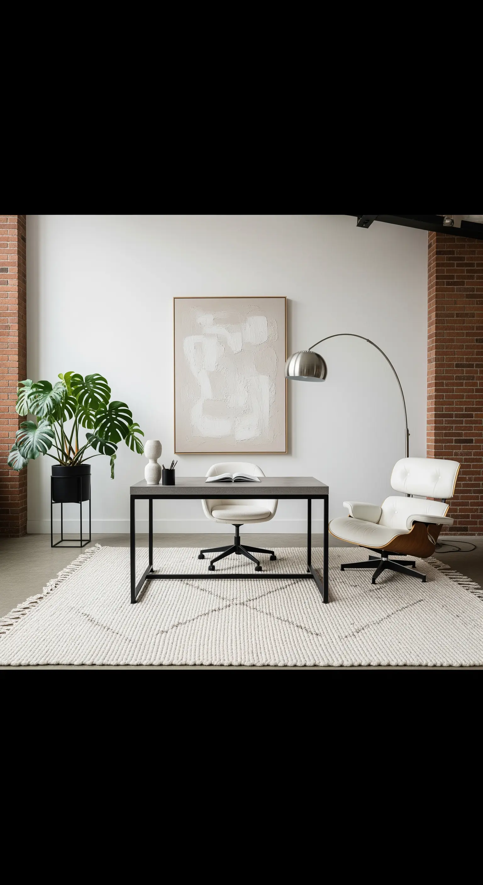 Modernes Boho-Büro mit Designer-Sessel, abstraktem Kunstwerk und Monstera