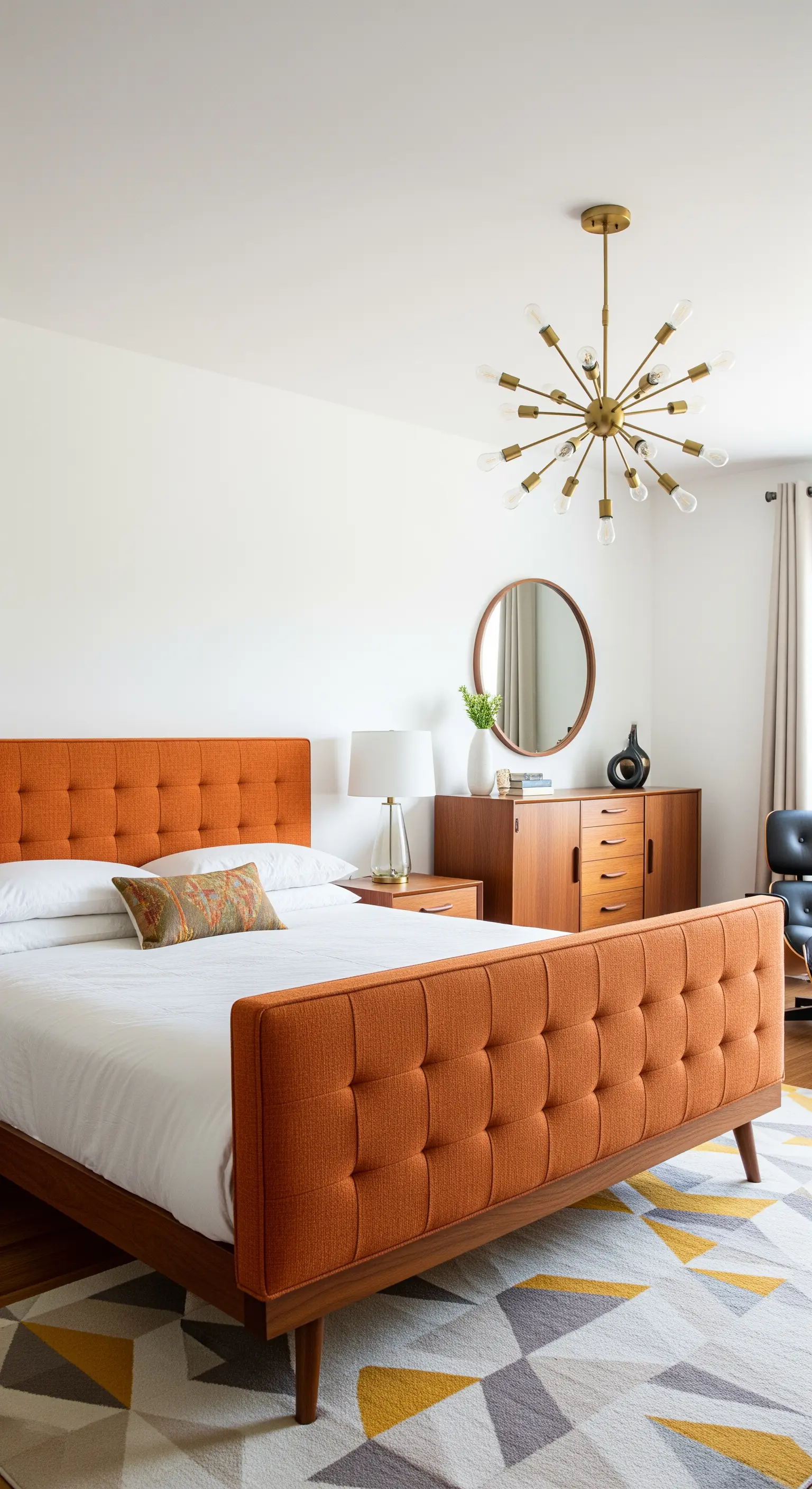 Orangefarbenes, getuftetes Bett im Mid-Century-Stil mit Holzbeinen