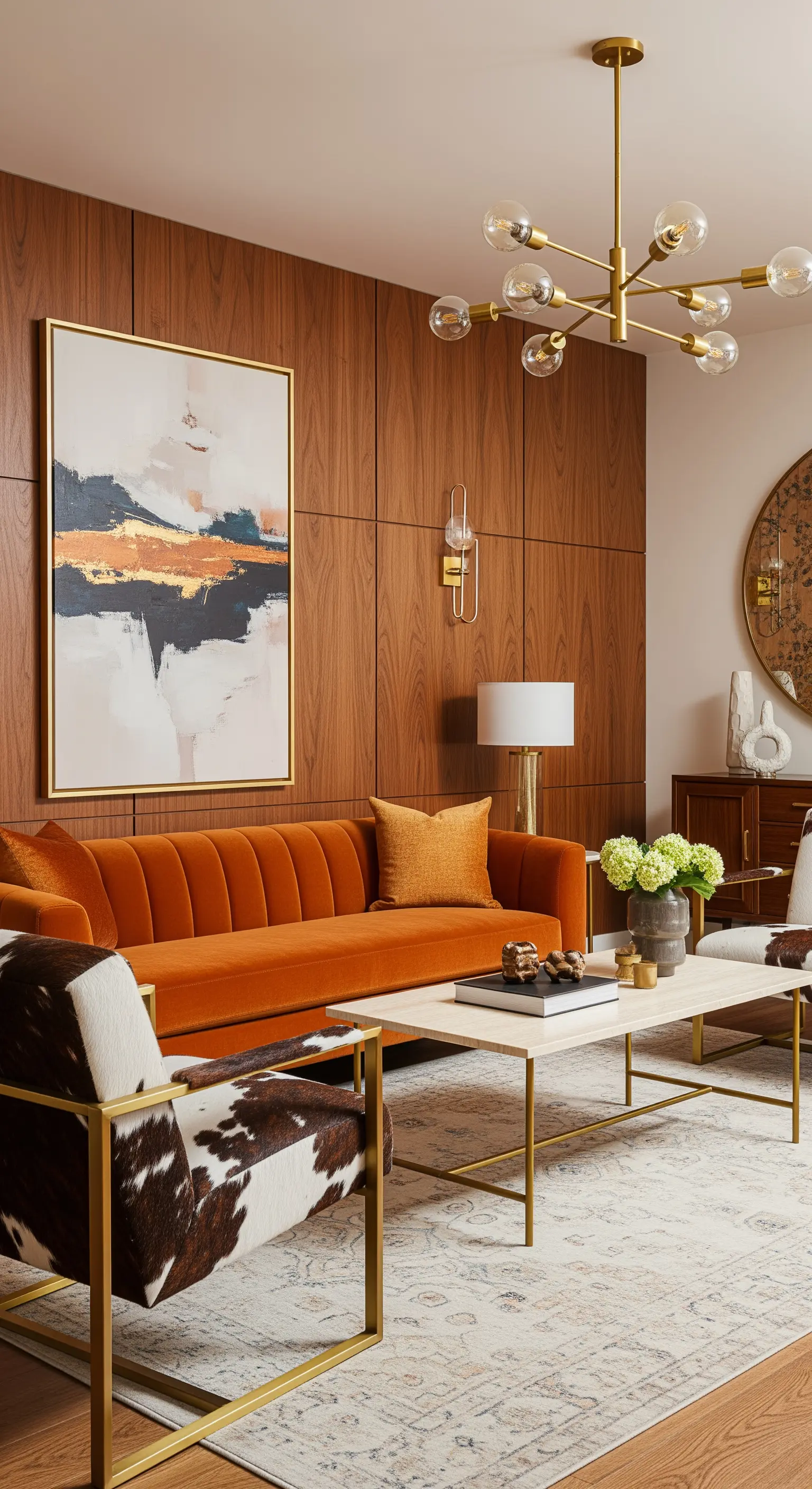 Wohnzimmer mit Holzwand, orangefarbenem Samtsofa und Kuhfell-Sessel.