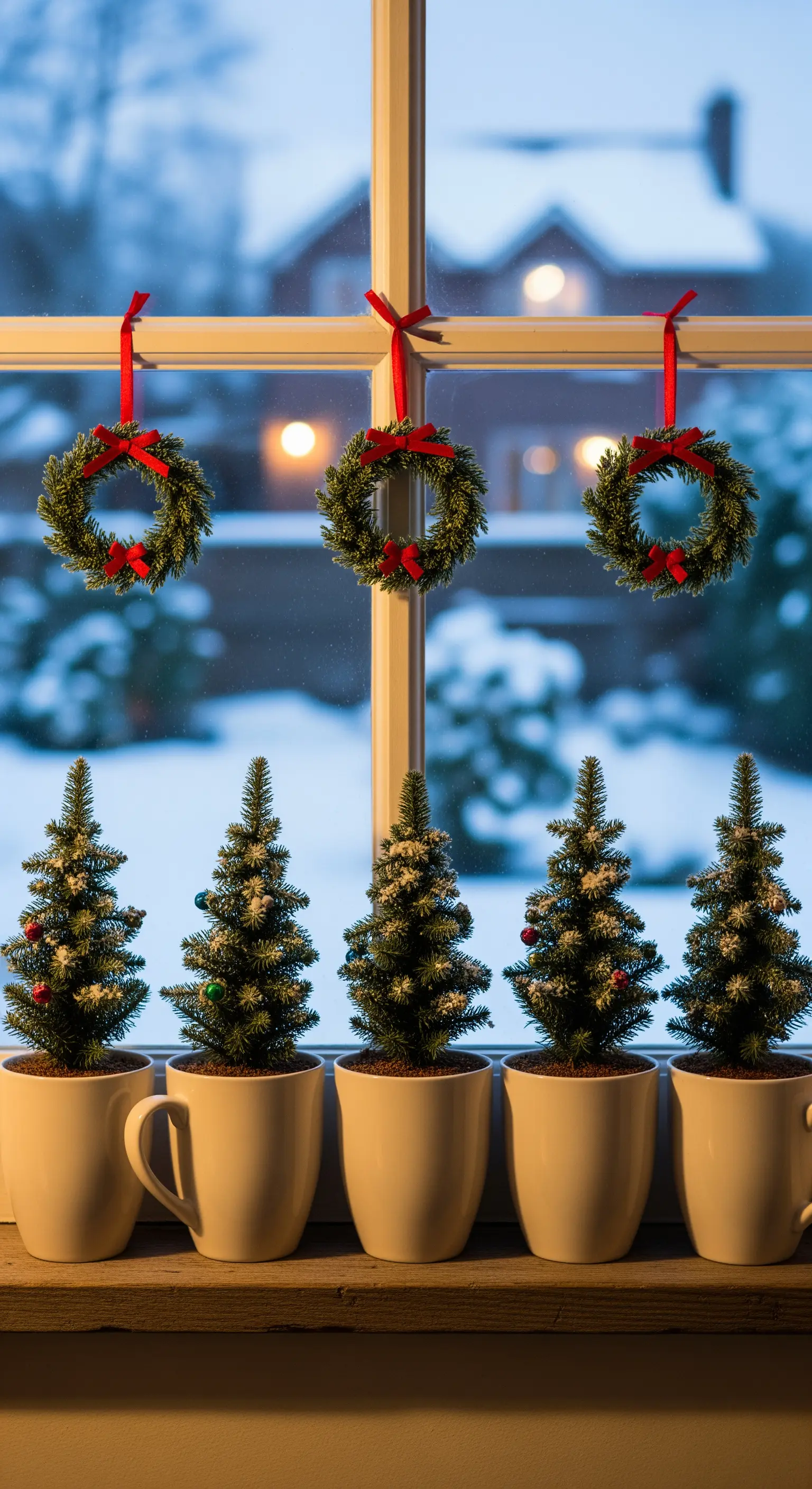 Fensterbank mit Reihe von Mini-Weihnachtsbäumen in weißen Tassen, drei Kränze hängen