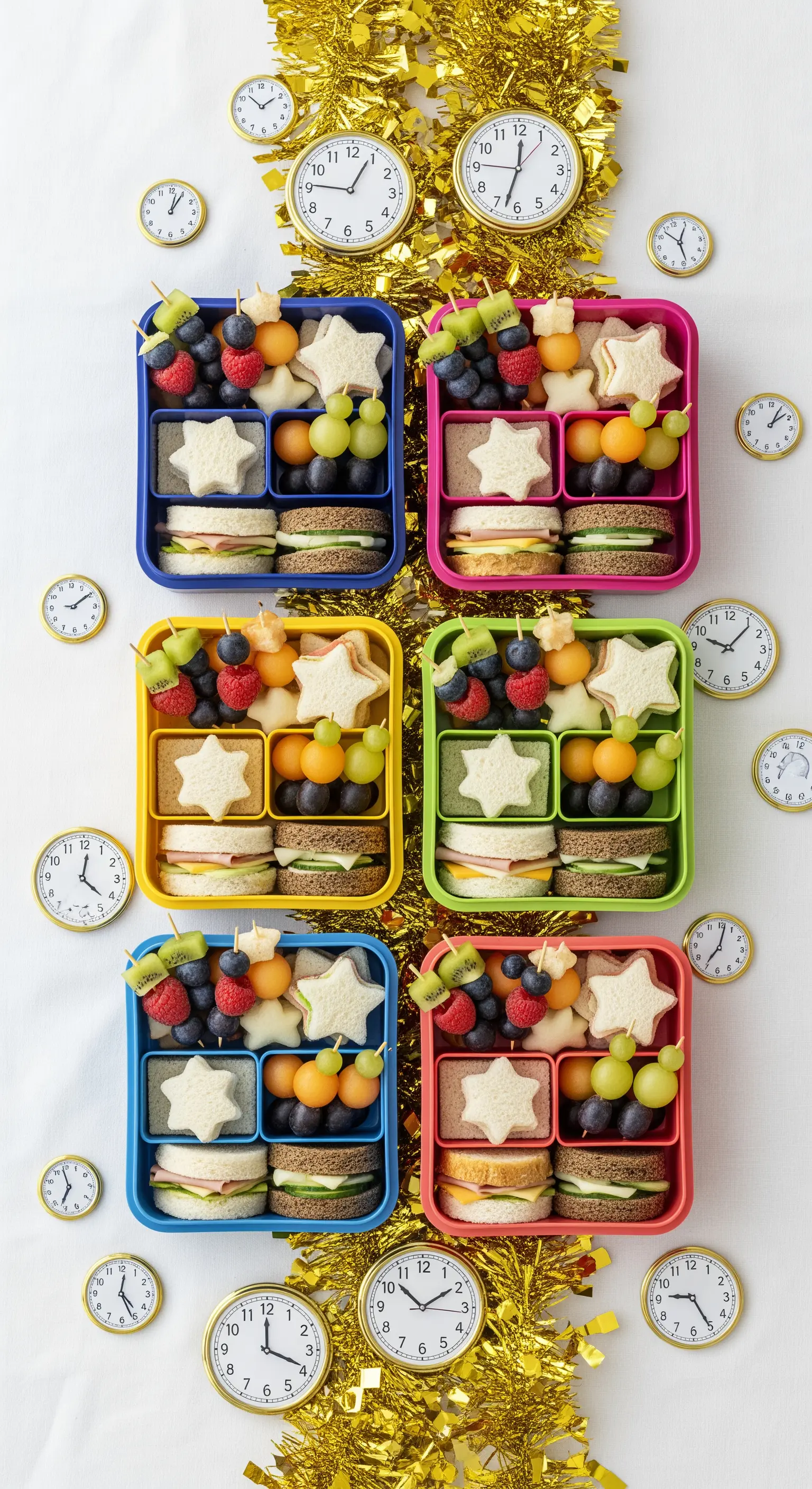 Bunte Bento-Boxen mit Sandwiches und Obst, umgeben von kleinen Uhren.
