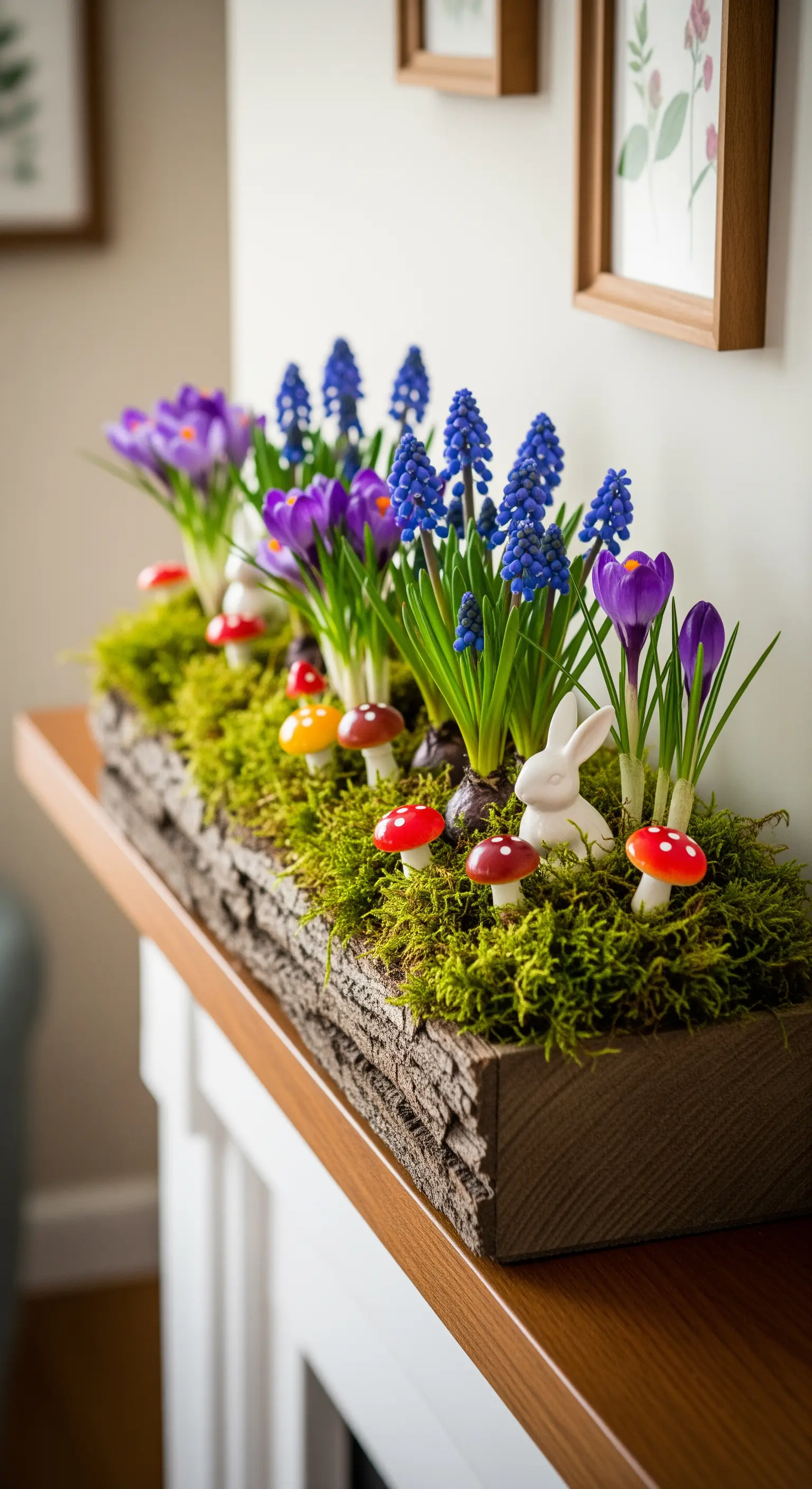 Bepflanzter Holzkasten mit Moos, Krokussen und Traubenhyazinthen als Kamindeko.
