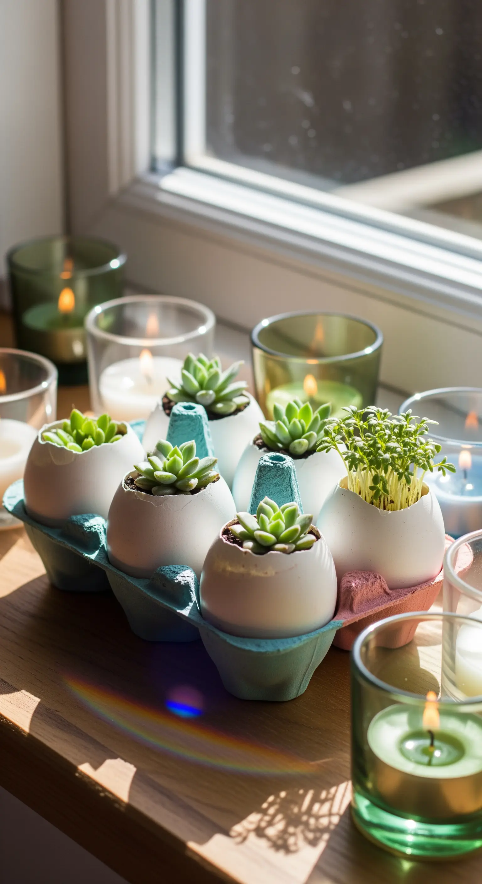 Eierschalen-Mini-Gärten mit Sukkulenten und Teelichtern auf Fensterbank