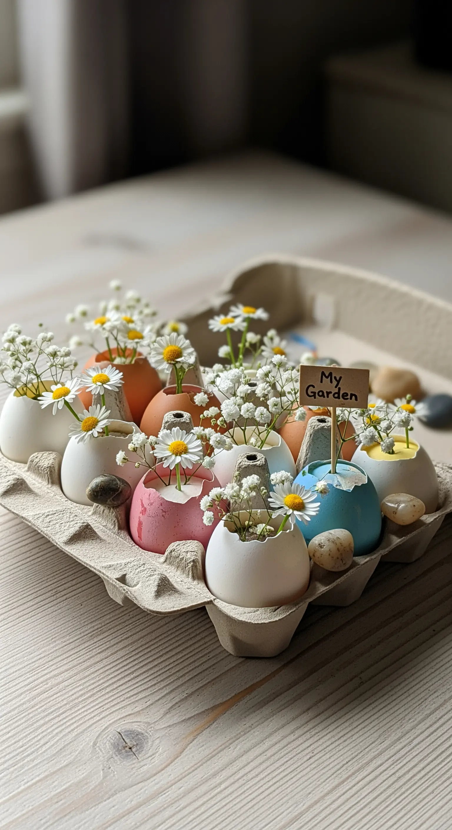 Bunte Eierschalen als Mini-Pflanzgefäße mit Gänseblümchen in einem Eierkarton