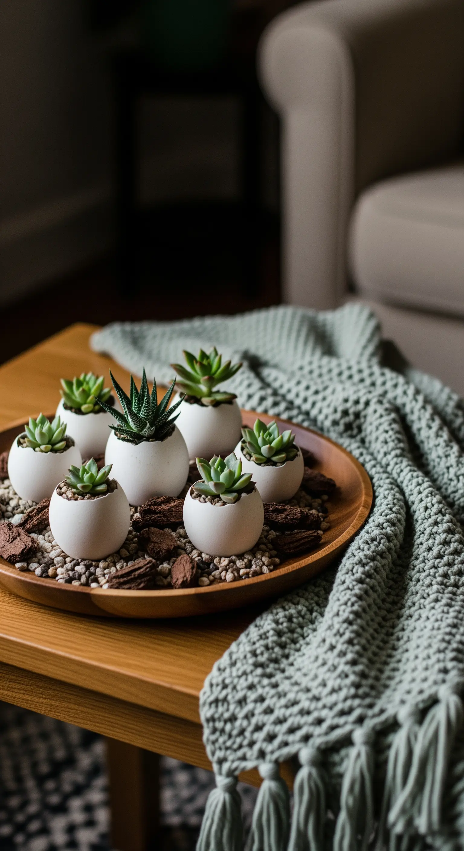 Couchtisch mit Holzschale, eiförmigen Sukkulententöpfen und gestrickter Decke