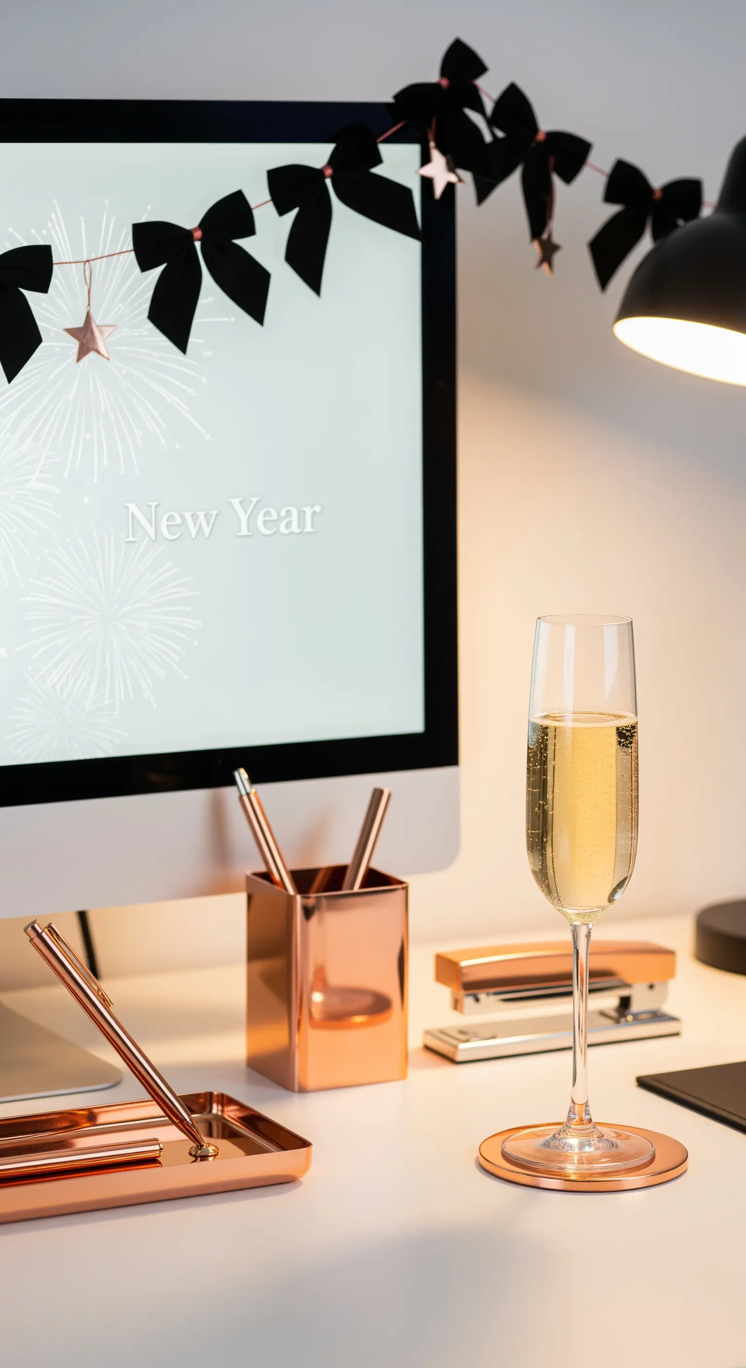 Schreibtisch mit schwarzer und roségoldener Mini-Girlande am Monitor