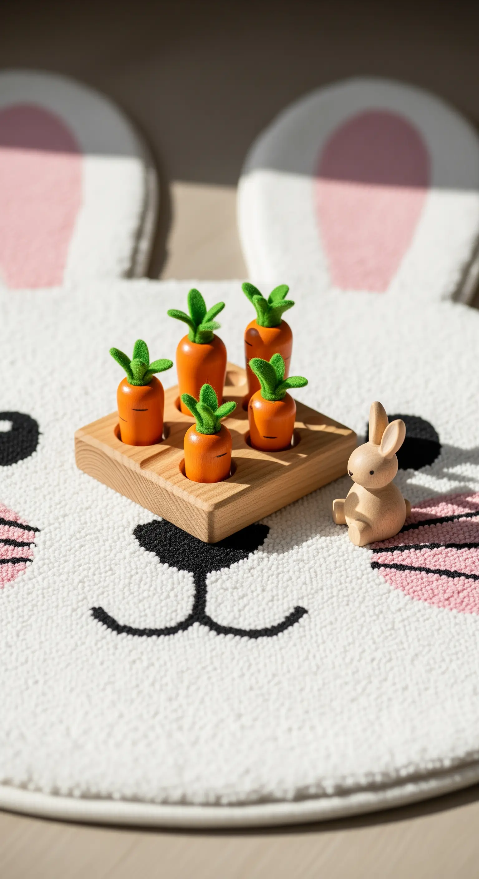 Hasen-Teppich mit Mini-Karotten-Steckspiel und Holzhasenfigur.