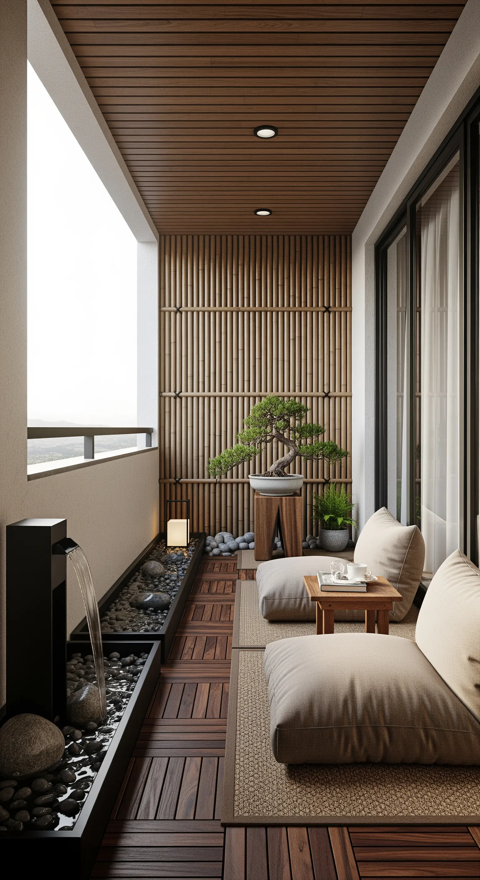 Schmaler Japandi-Balkon mit Wasserbecken, Holzboden, Bambuswand und bodennahen Sitzkissen.