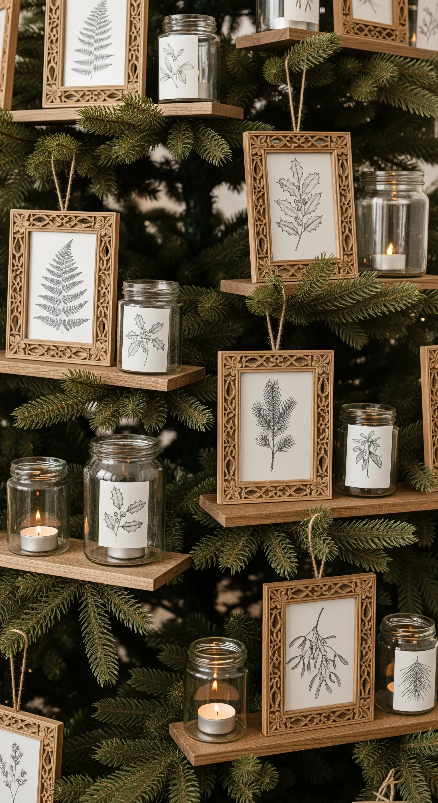 Weihnachtsbaum mit Mini-Holzregalen, Teelichtern und gerahmten botanischen Drucken.