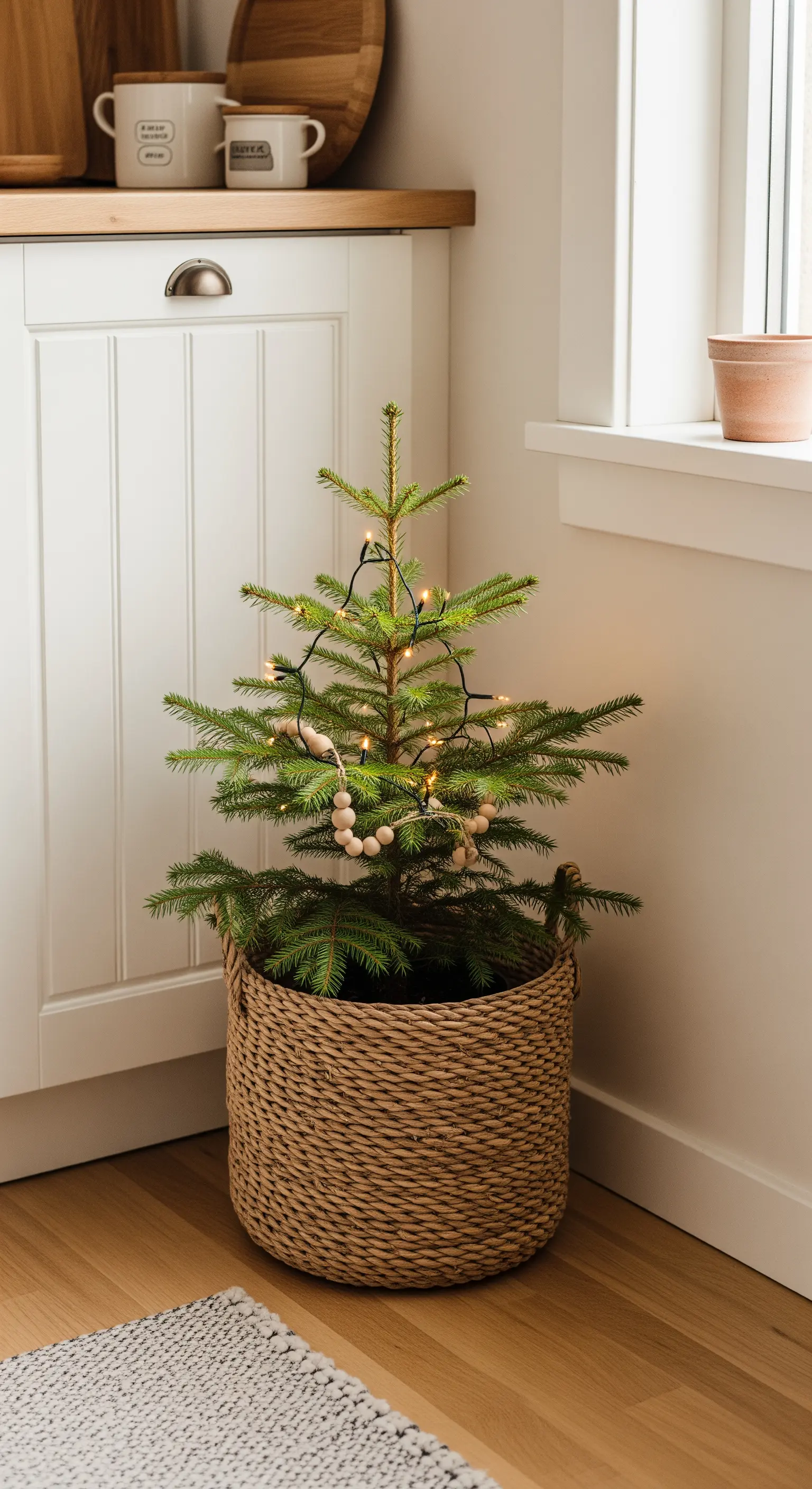 Kleiner Tannenbaum in geflochtenem Korb mit Lichtern und Holzperlen.