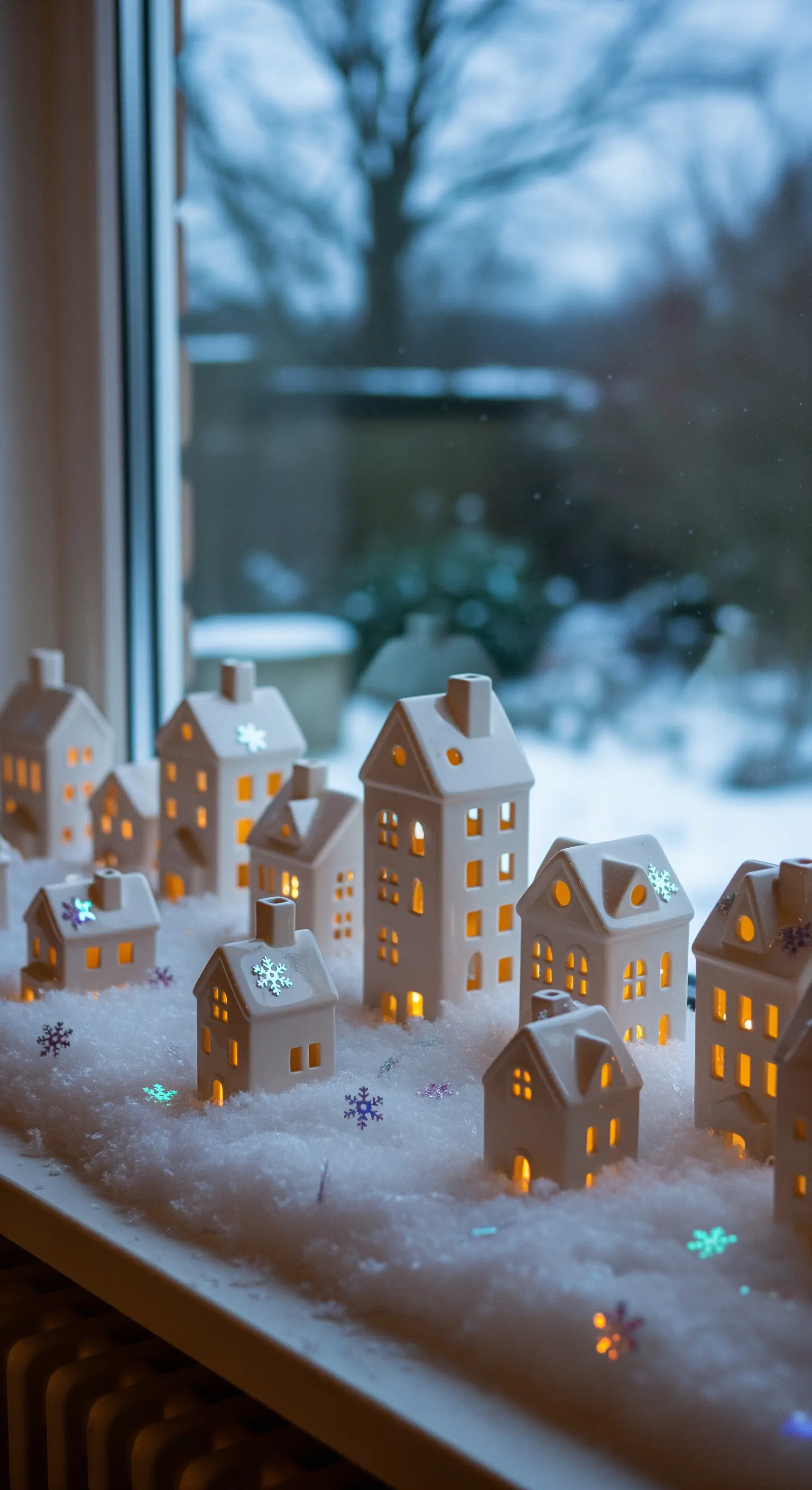 Fensterbank mit beleuchteten Porzellanhäusern, Kunstschnee und glitzernden Schneeflocken