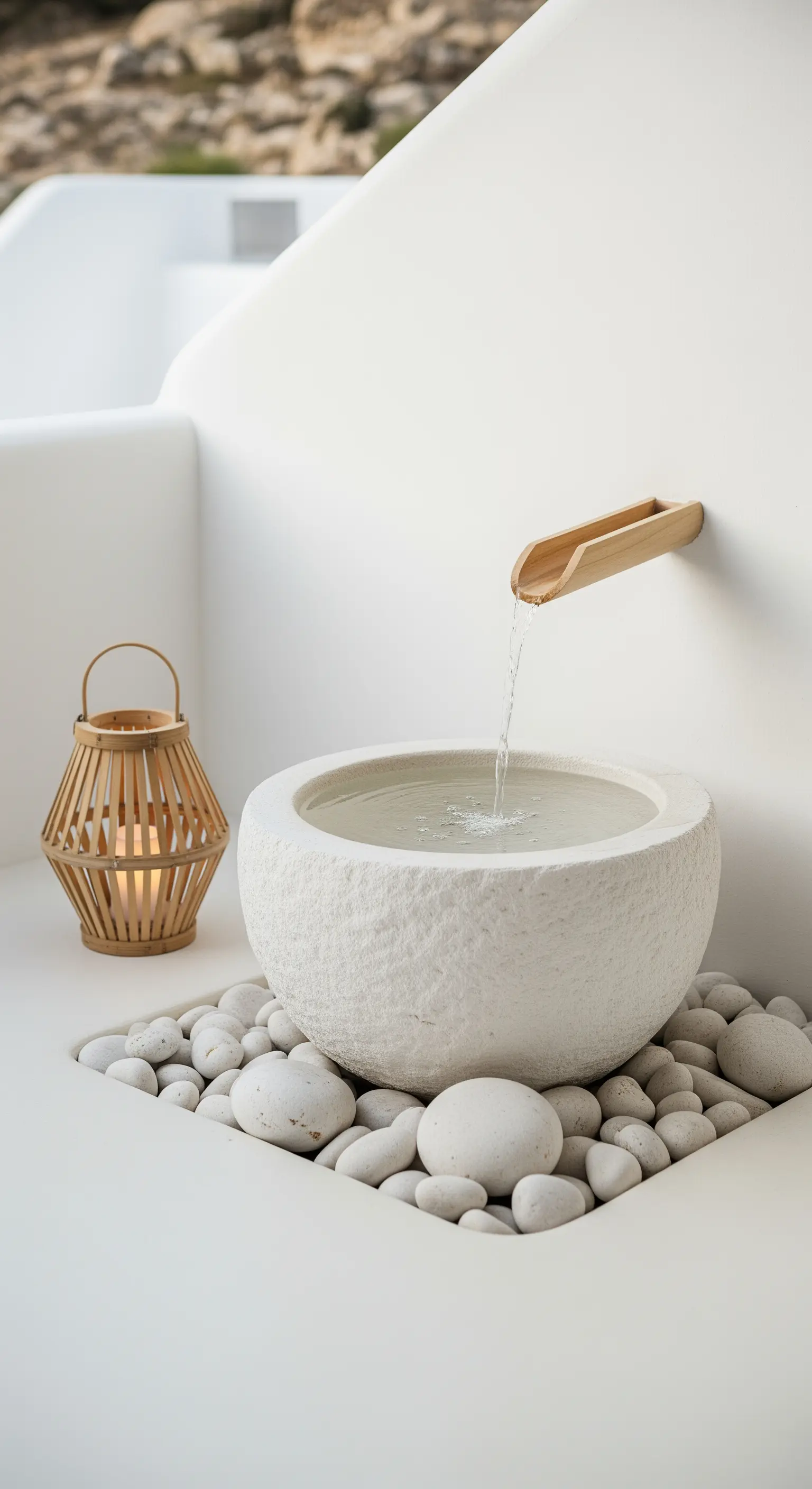 Mini-Zen-Brunnen mit Bambusauslauf, Steinschale und weißen Kieselsteinen.