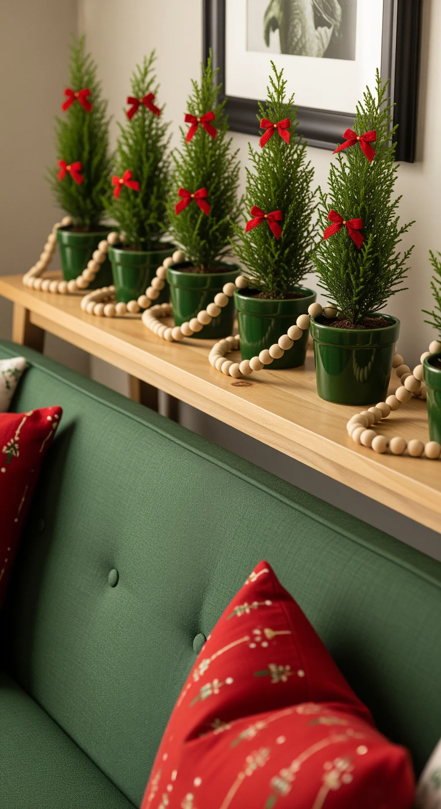 Reihe von kleinen Zypressenbäumen mit roten Schleifen und Holzperlengirlande auf Konsole.