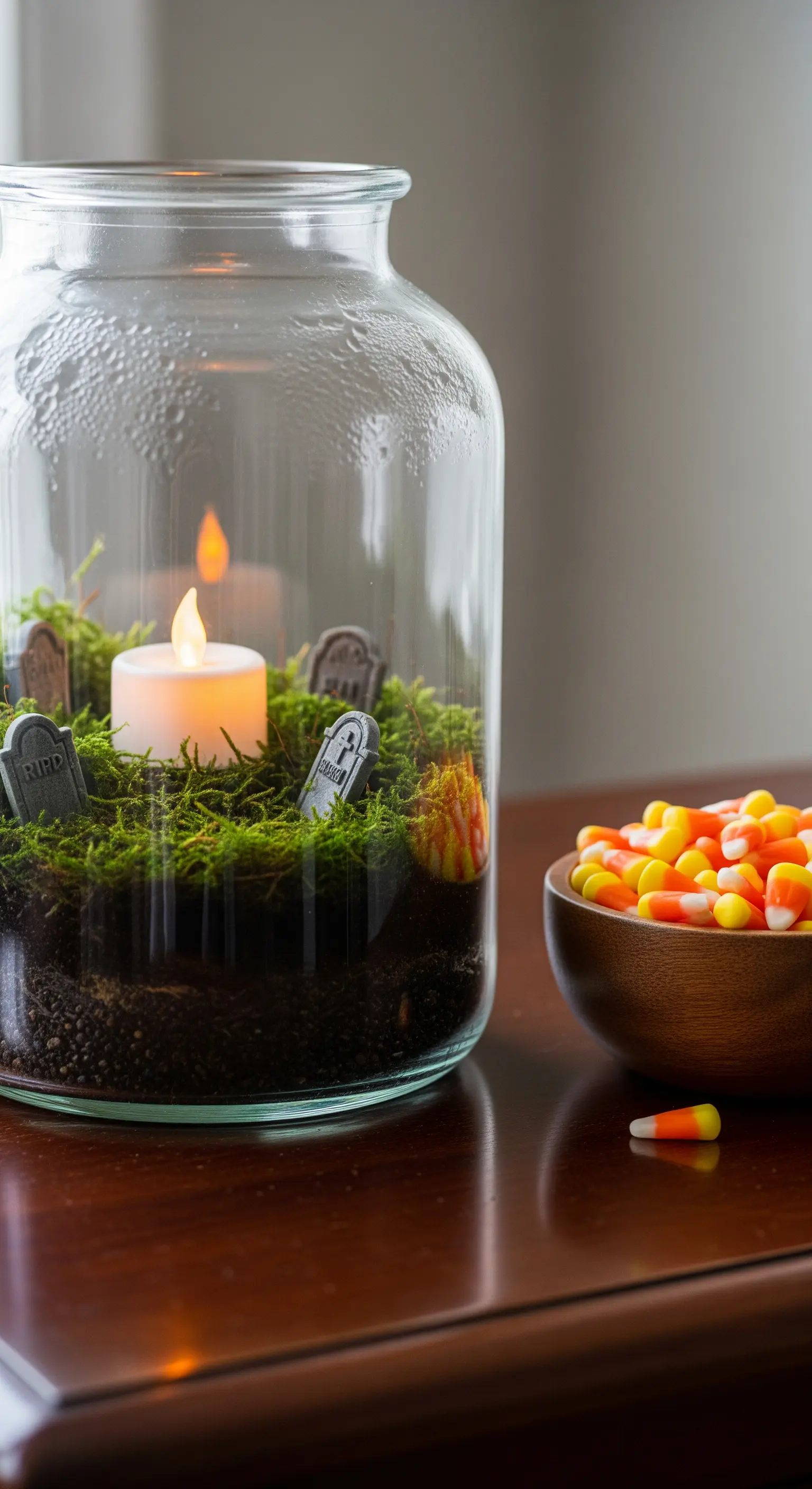 Halloween-Terrarium im Glas mit Moos, Grabsteinen, Kerze und Candy Corn