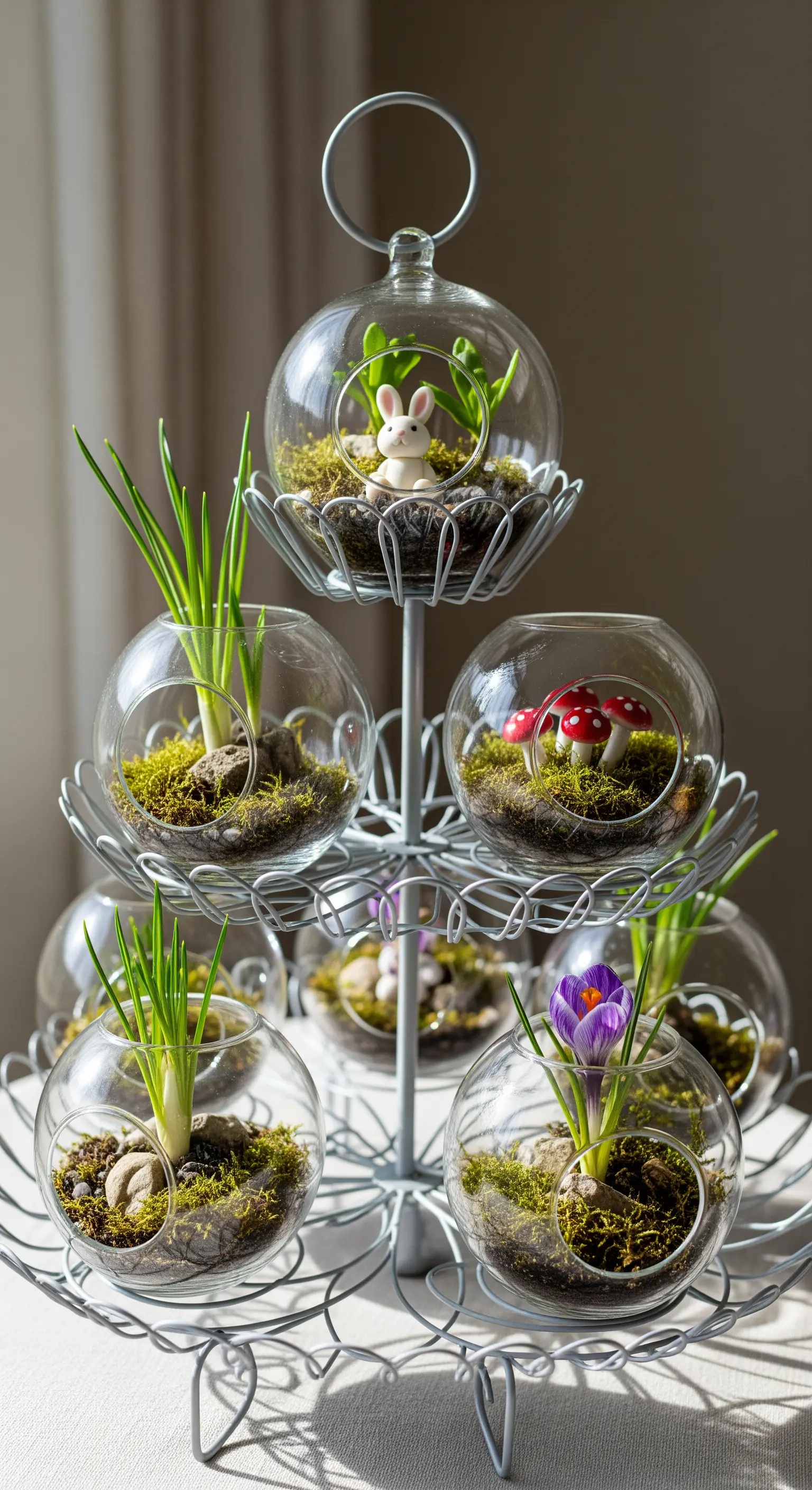 Draht-Etagere mit kleinen Glaskugel-Terrarien und Frühlingspflanzen