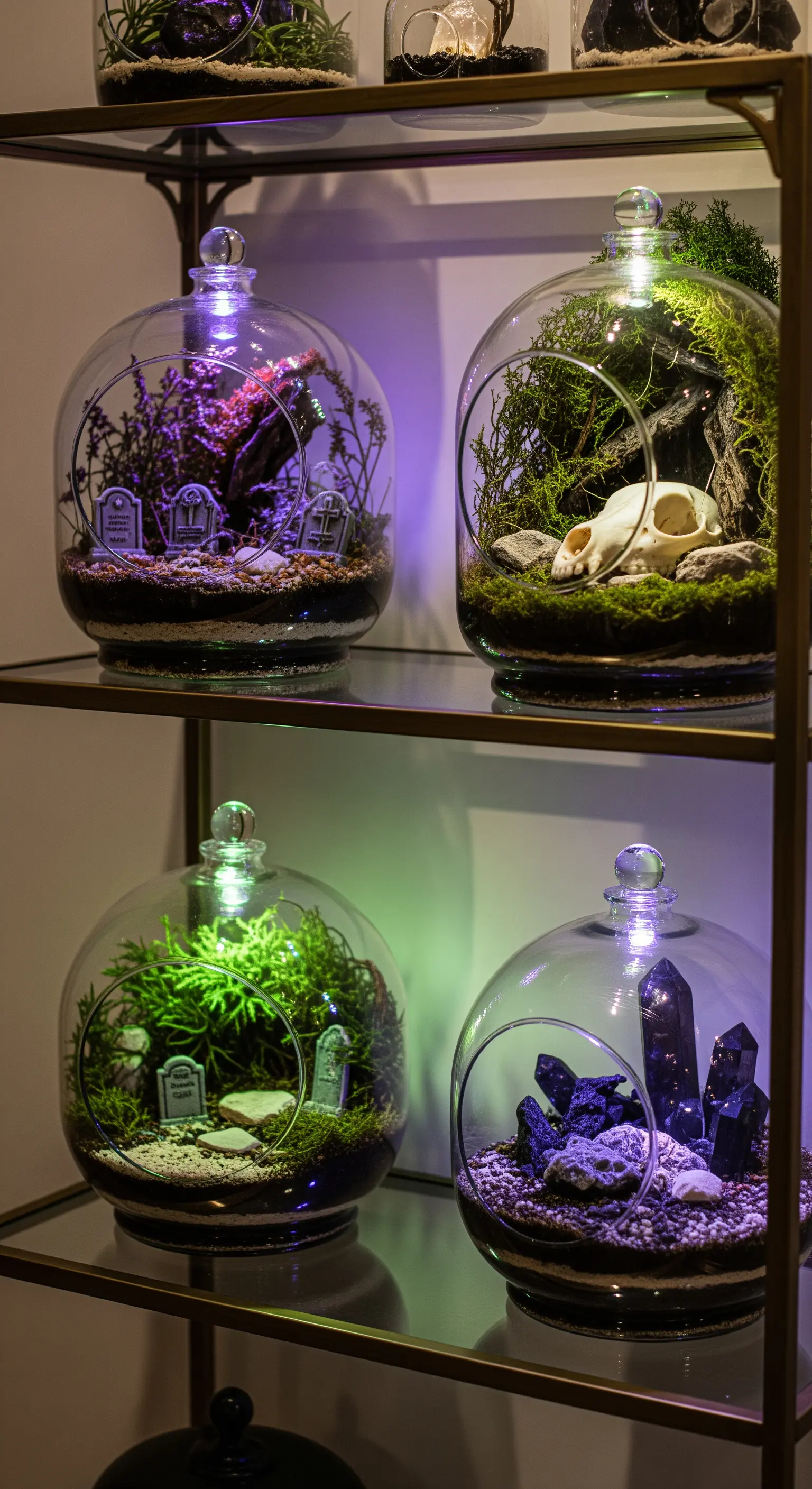 Halloween-Terrarien mit Miniatur-Friedhöfen, Tierschädeln und Kristallen.