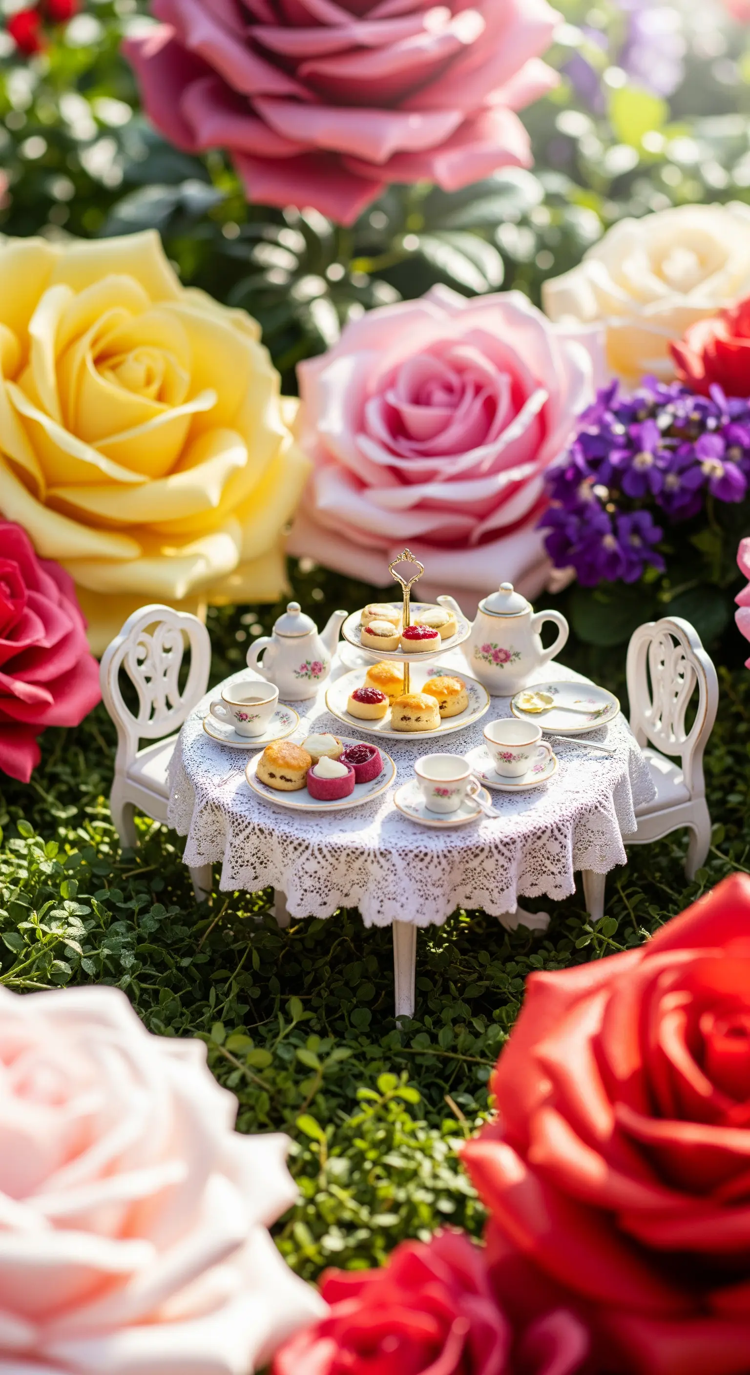 Miniatur-Teetisch mit Gebäck umgeben von riesigen Rosenblüten