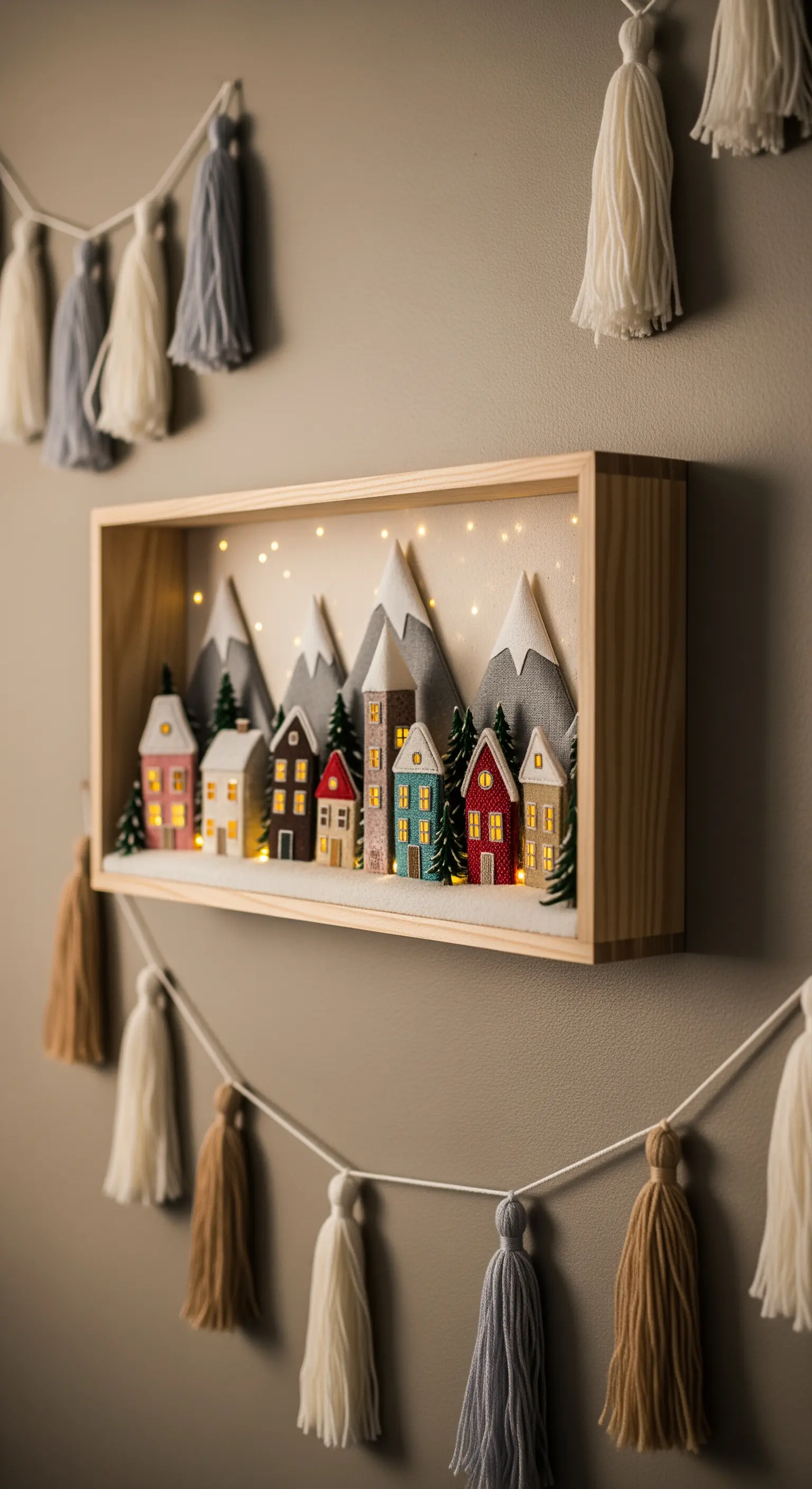 Beleuchteter Schaukasten mit Miniatur-Häusern und Quastengirlande