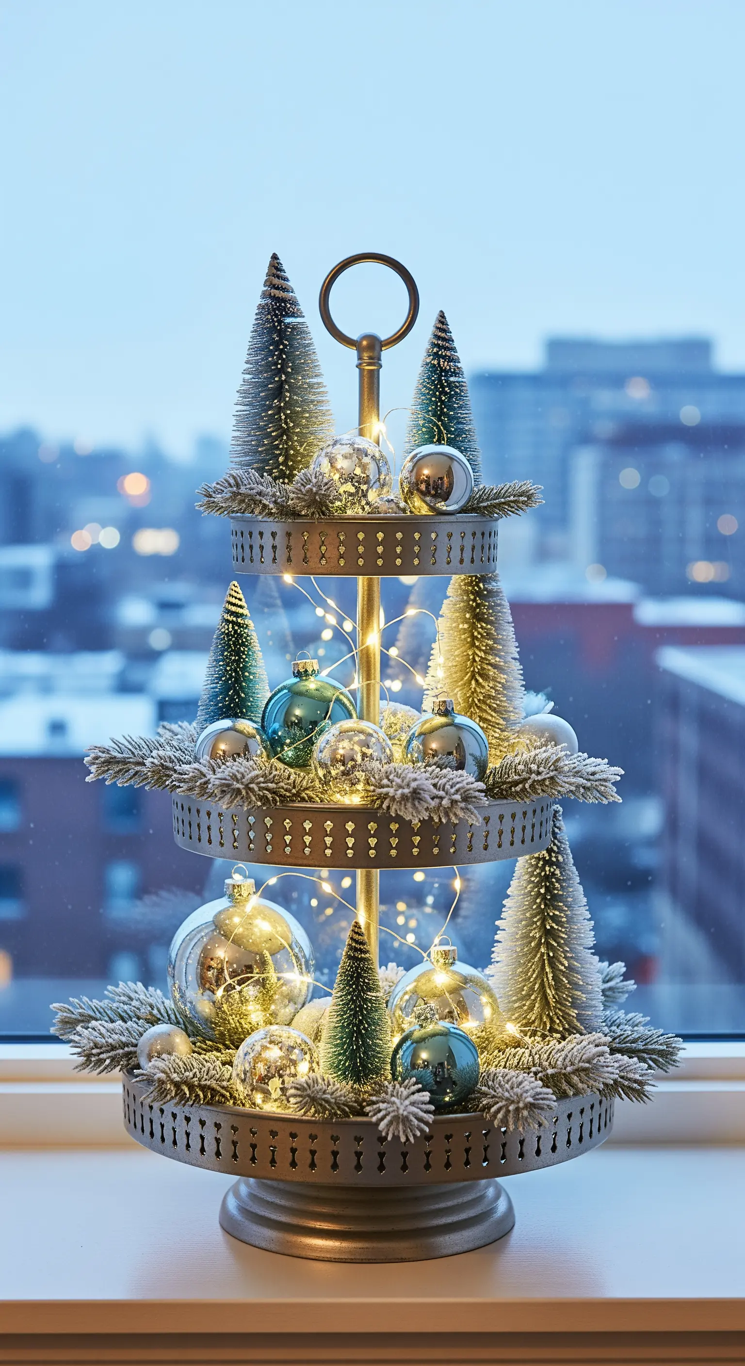 Festliche Etagere mit Mini-Weihnachtsbäumen, Kugeln und Lichterketten.