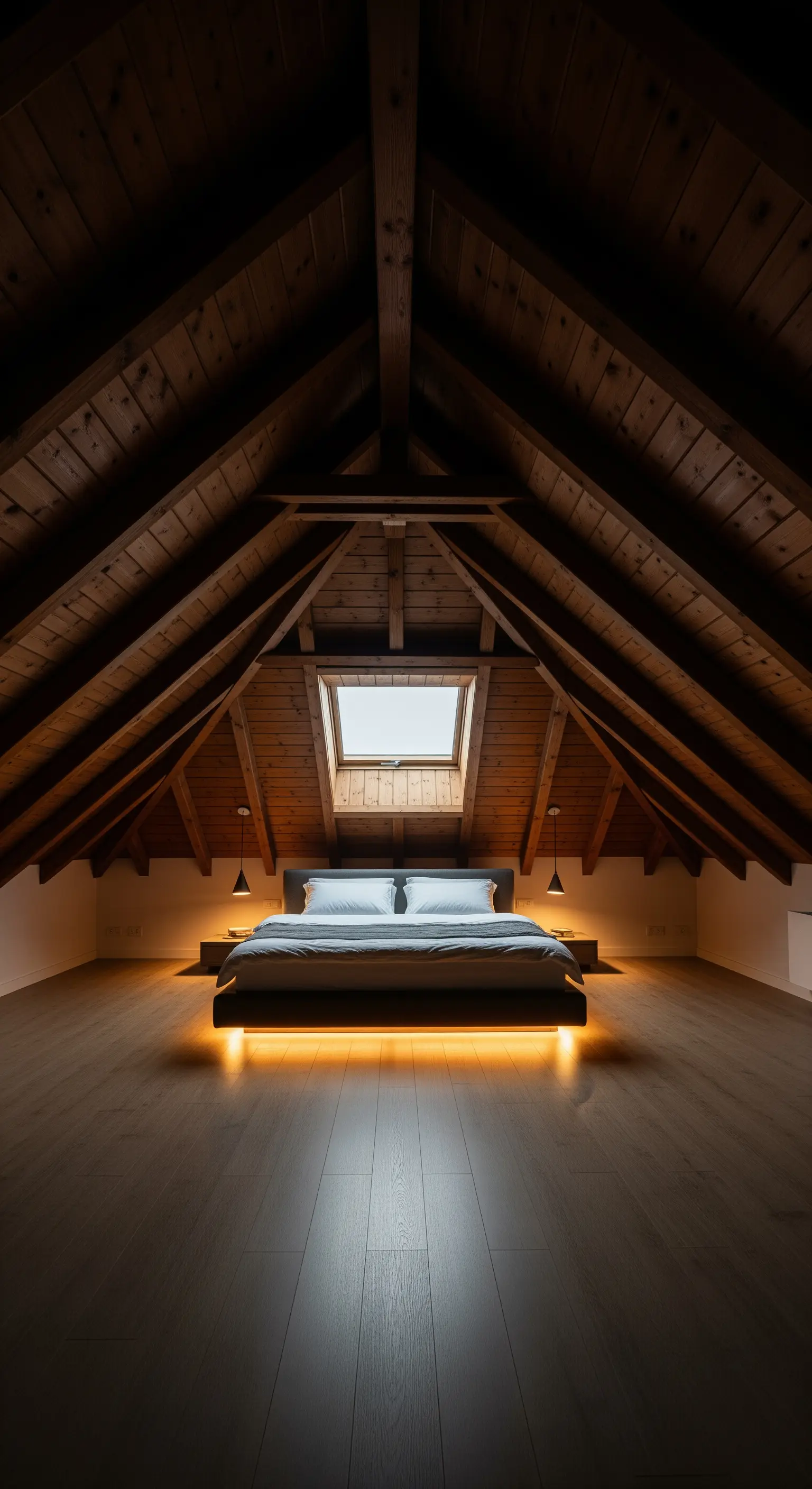 Minimalistisches Dachgeschoss-Schlafzimmer mit einem schwebenden Bett unter einem Dachfenster.