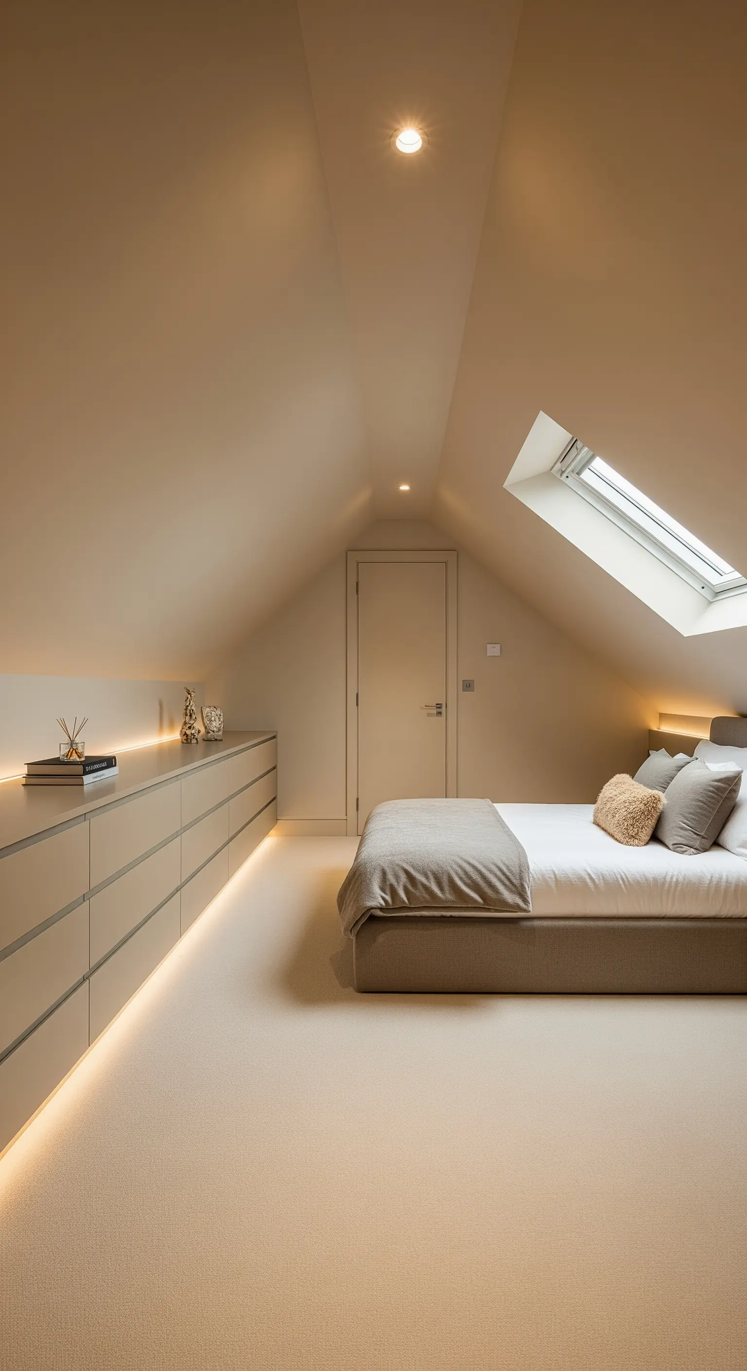 Minimalistisches Dachschrägen-Schlafzimmer mit niedriger Kommode und integrierter LED-Beleuchtung.