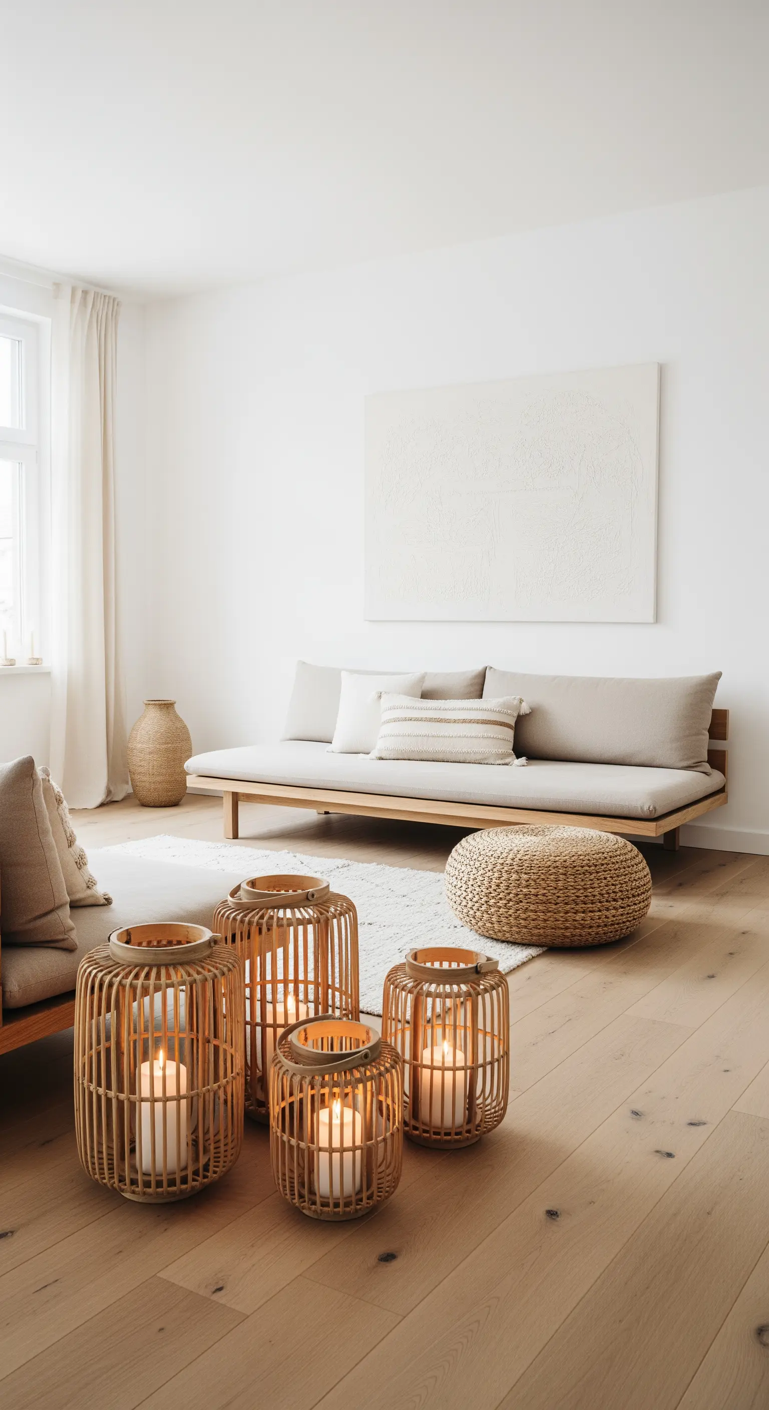 Minimalistisches Wohnzimmer mit hellem Sofa und großen Rattan-Bodenlaternen
