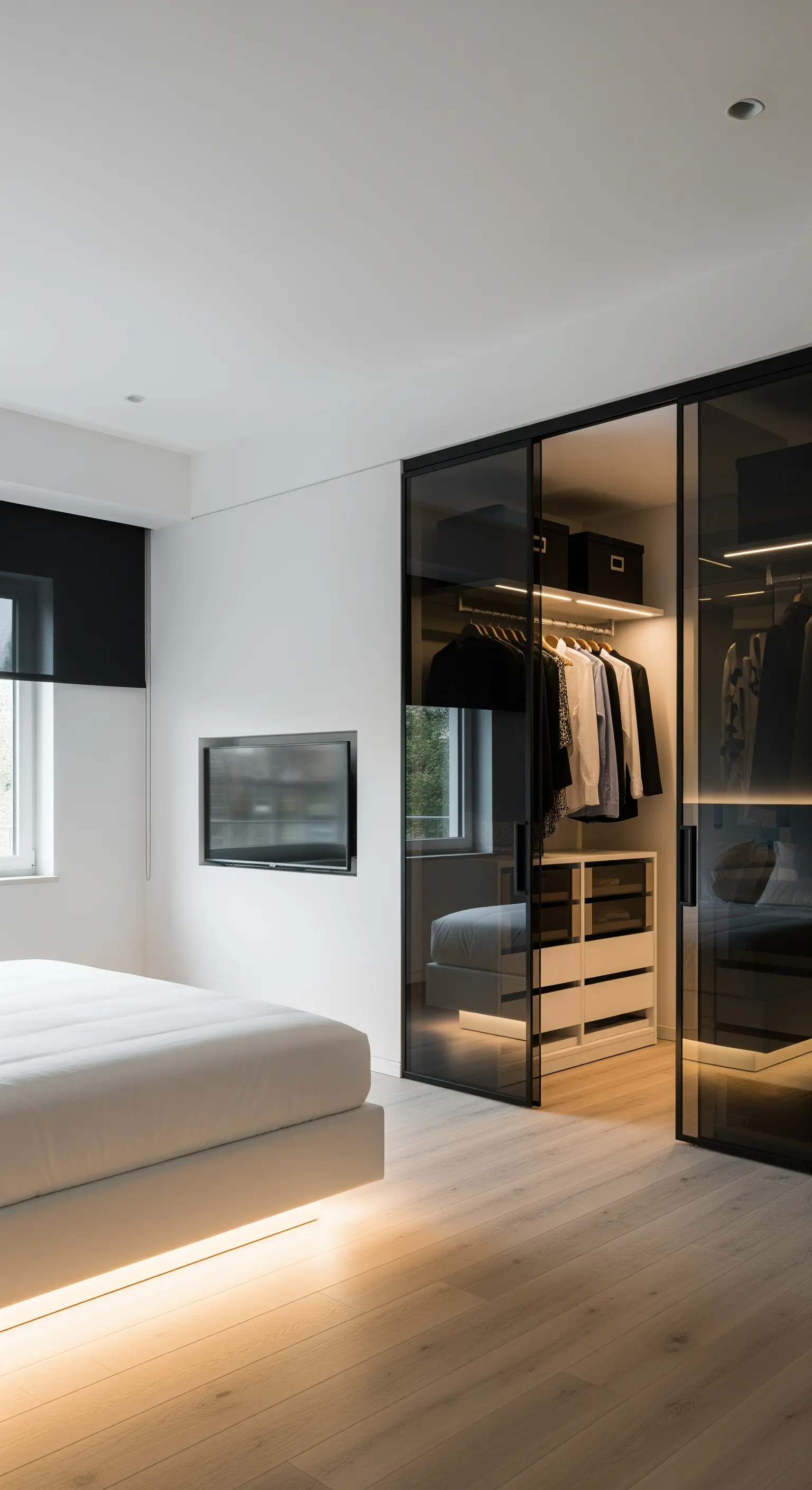 Minimalistisches Schlafzimmer mit schwebendem Bett und Schiebetüren aus Rauchglas zum Kleiderschrank