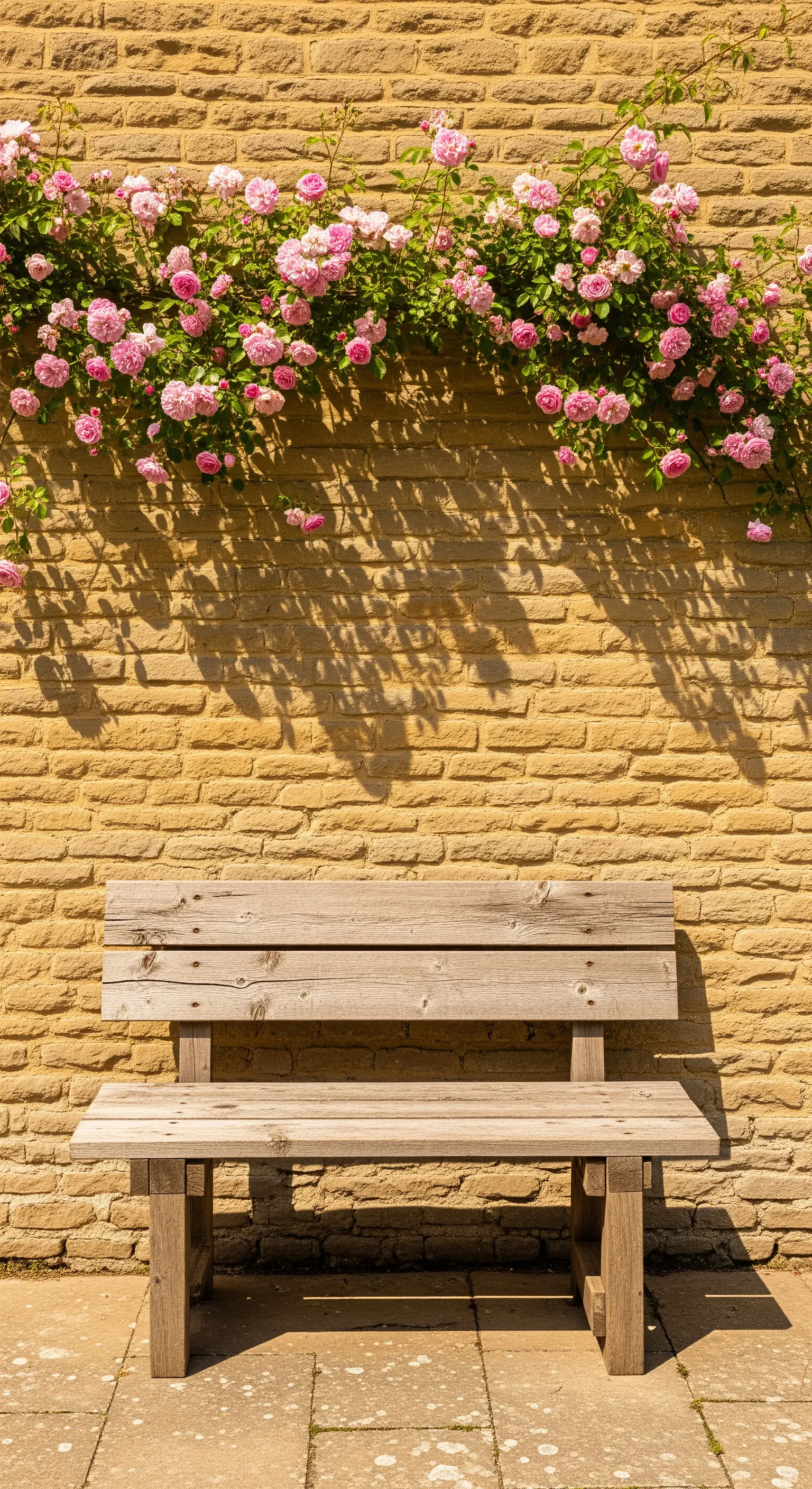 Einfache Holzbank vor einer sonnigen, gelben Ziegelsteinmauer mit einer Girlande aus rosa Rosen.