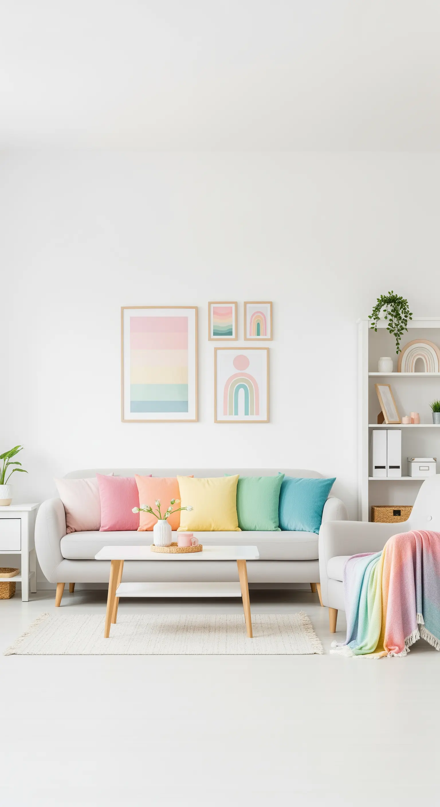 Helles, minimalistisches Wohnzimmer mit einem grauen Sofa und Kissen in Regenbogen-Pastellfarben.