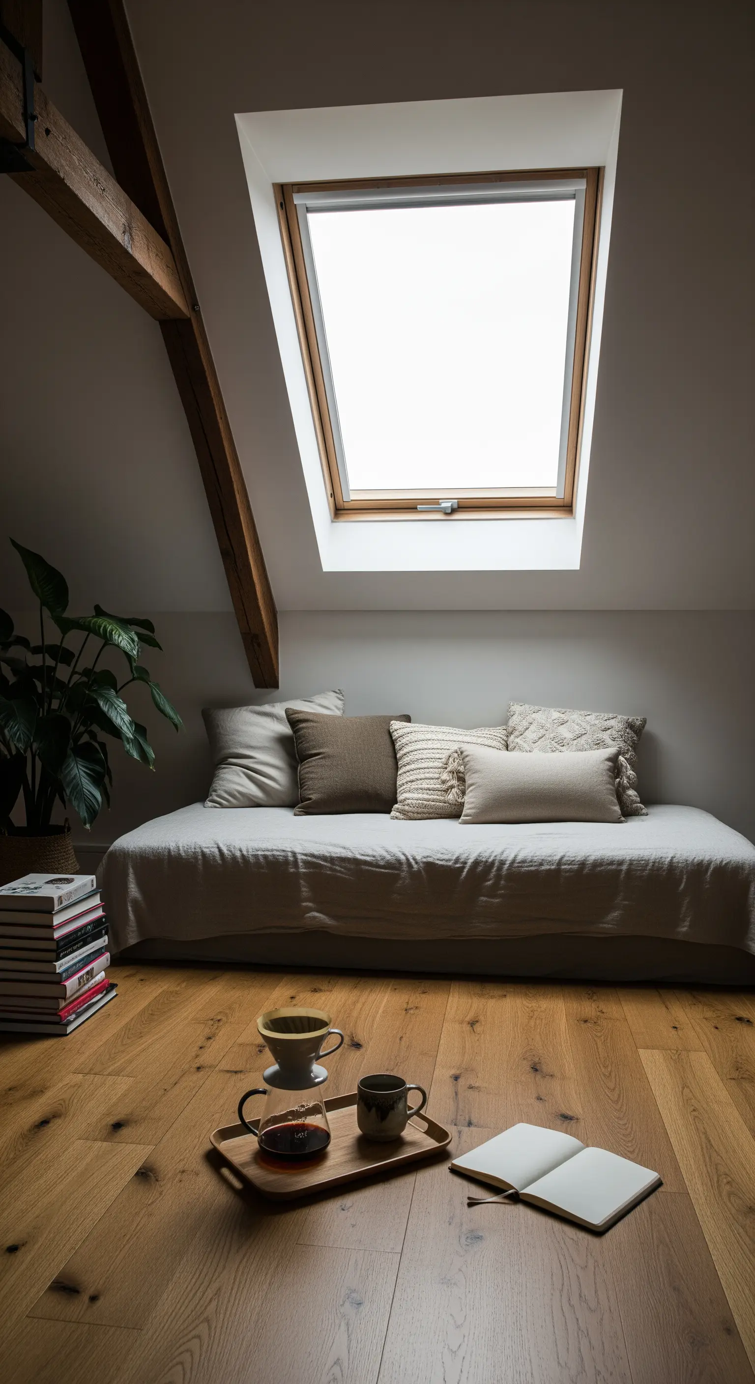 Minimalistische Leseecke im Dachgeschoss mit Daybed unter einem Dachfenster.