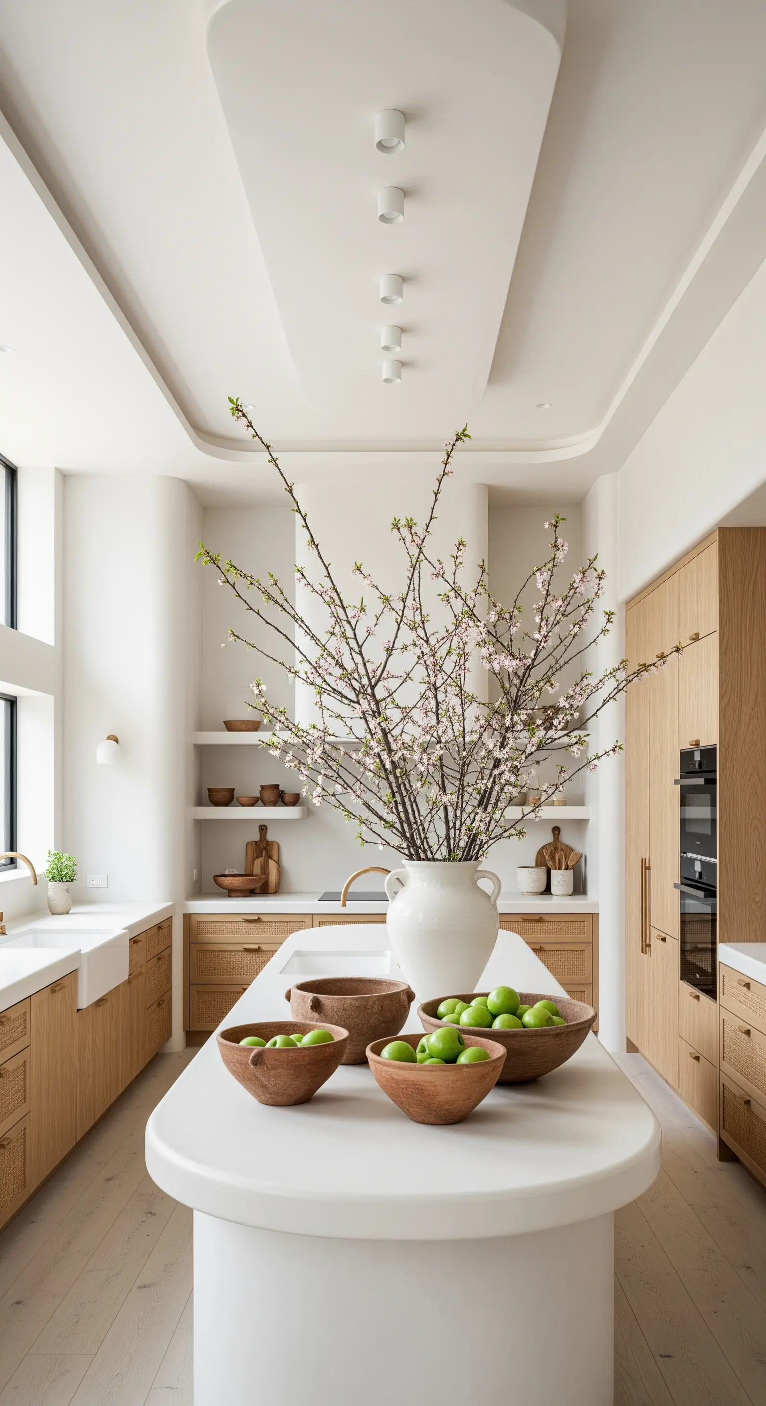 Moderne Küche mit Kirschblütenzweigen und grünen Äpfeln auf Insel