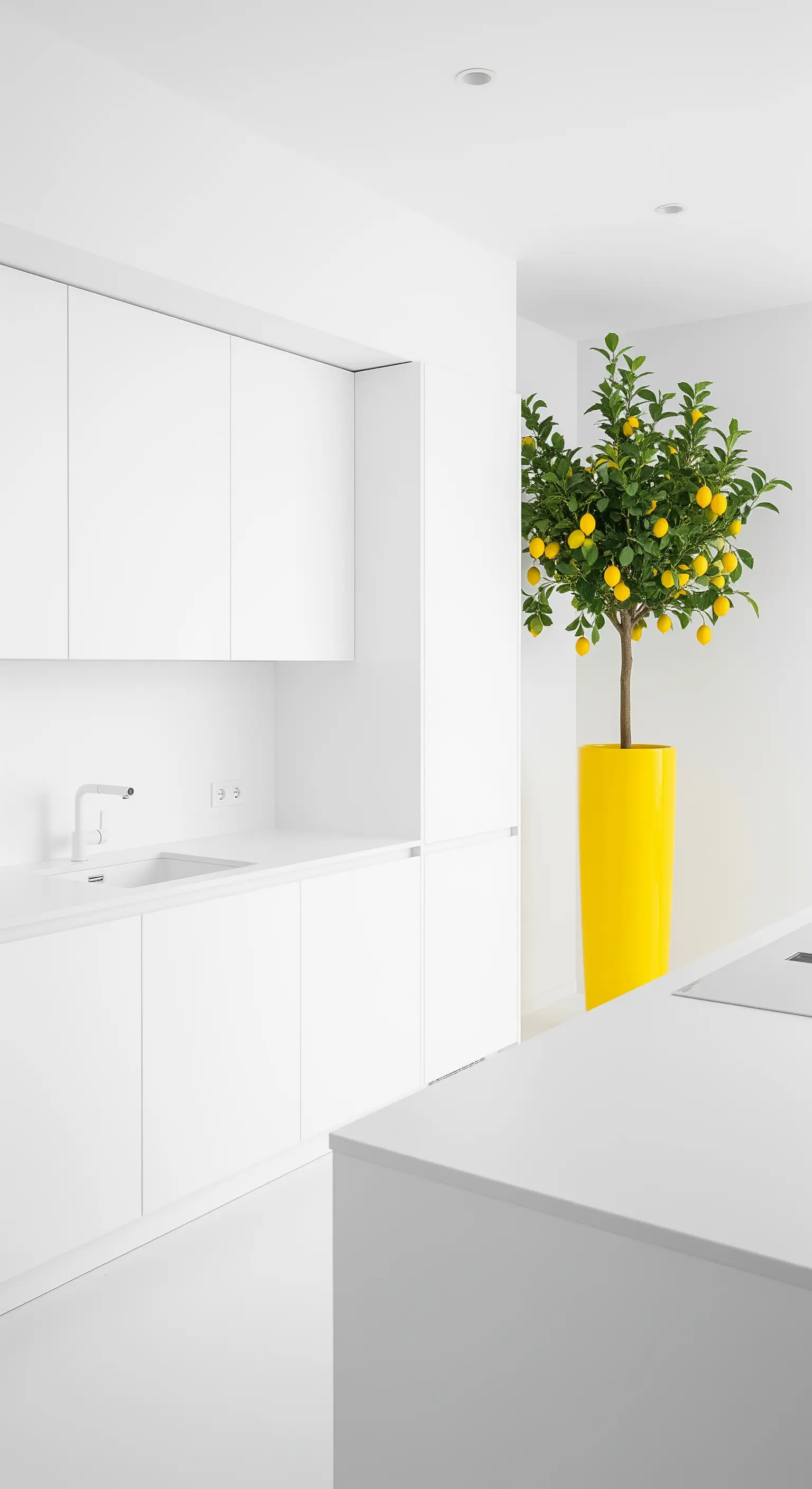 Zitronenbaum in gelbem Topf in weißer Minimal-Küche