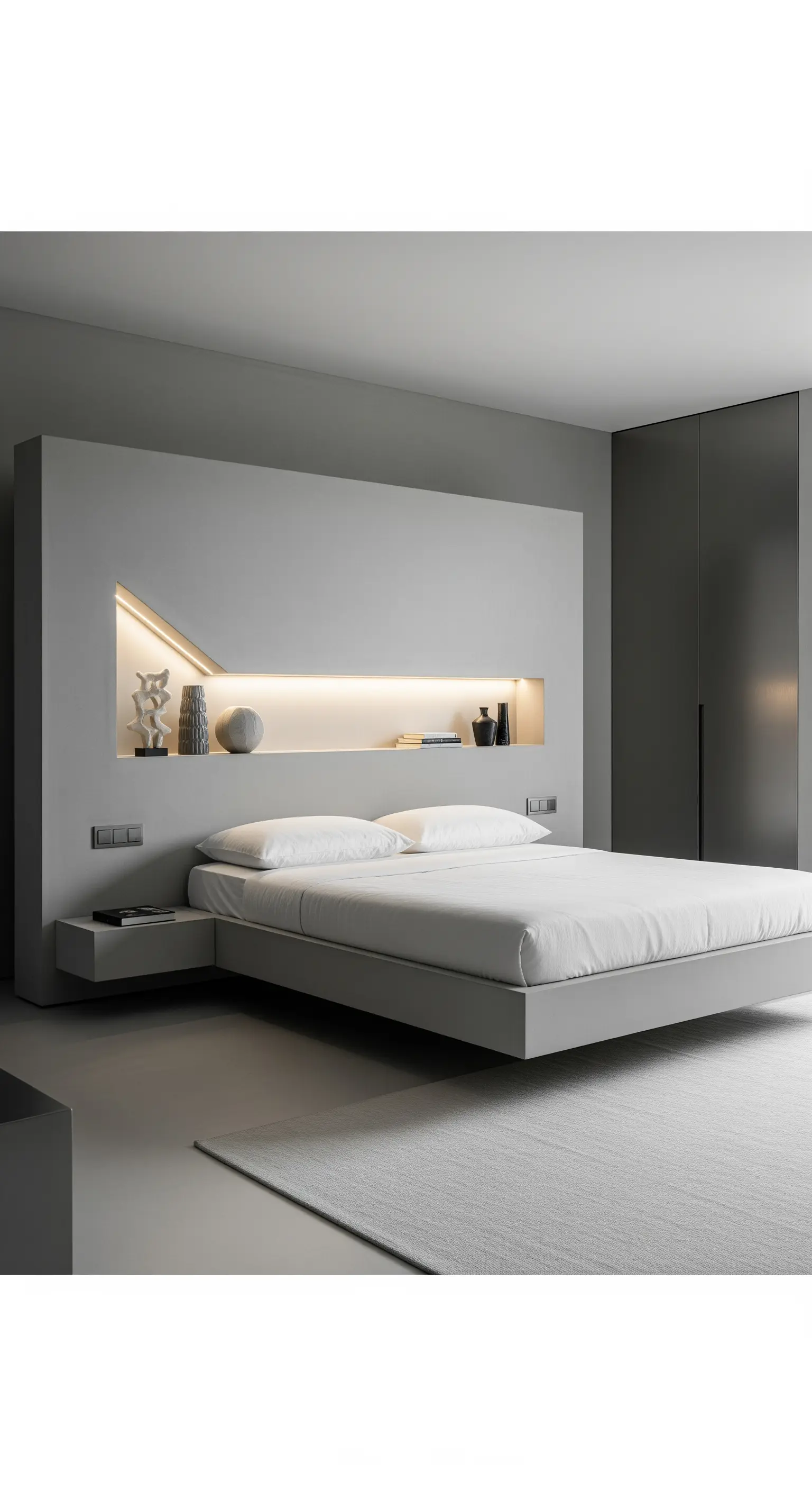 Graues, minimalistisches Bett mit einer Wandnische als Kopfteil und integrierter Beleuchtung