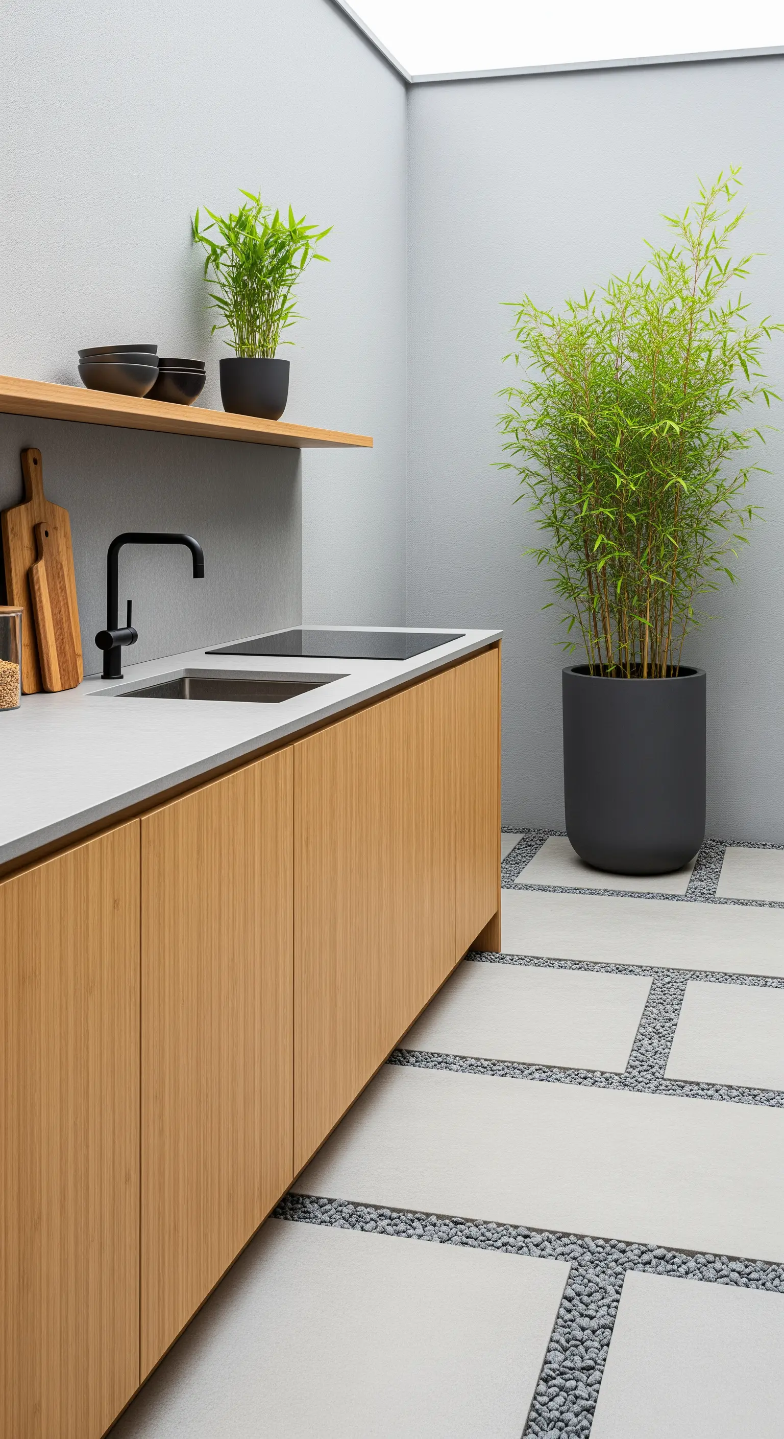 Minimalistische Outdoor-Küche mit Holzfronten, hellen Platten und Bambuspflanzen