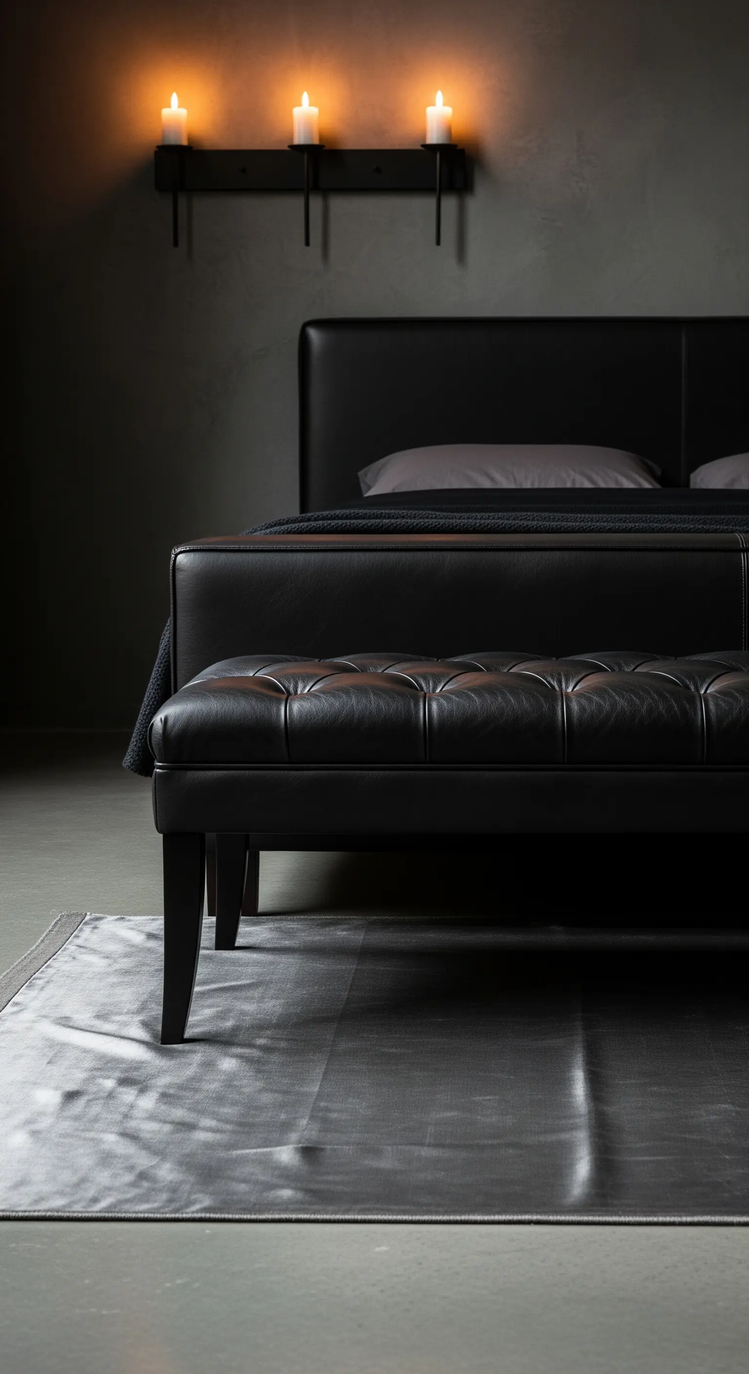 Schwarze Lederbank am Bettende, Wandleuchter mit Kerzen und minimalistischem Bett