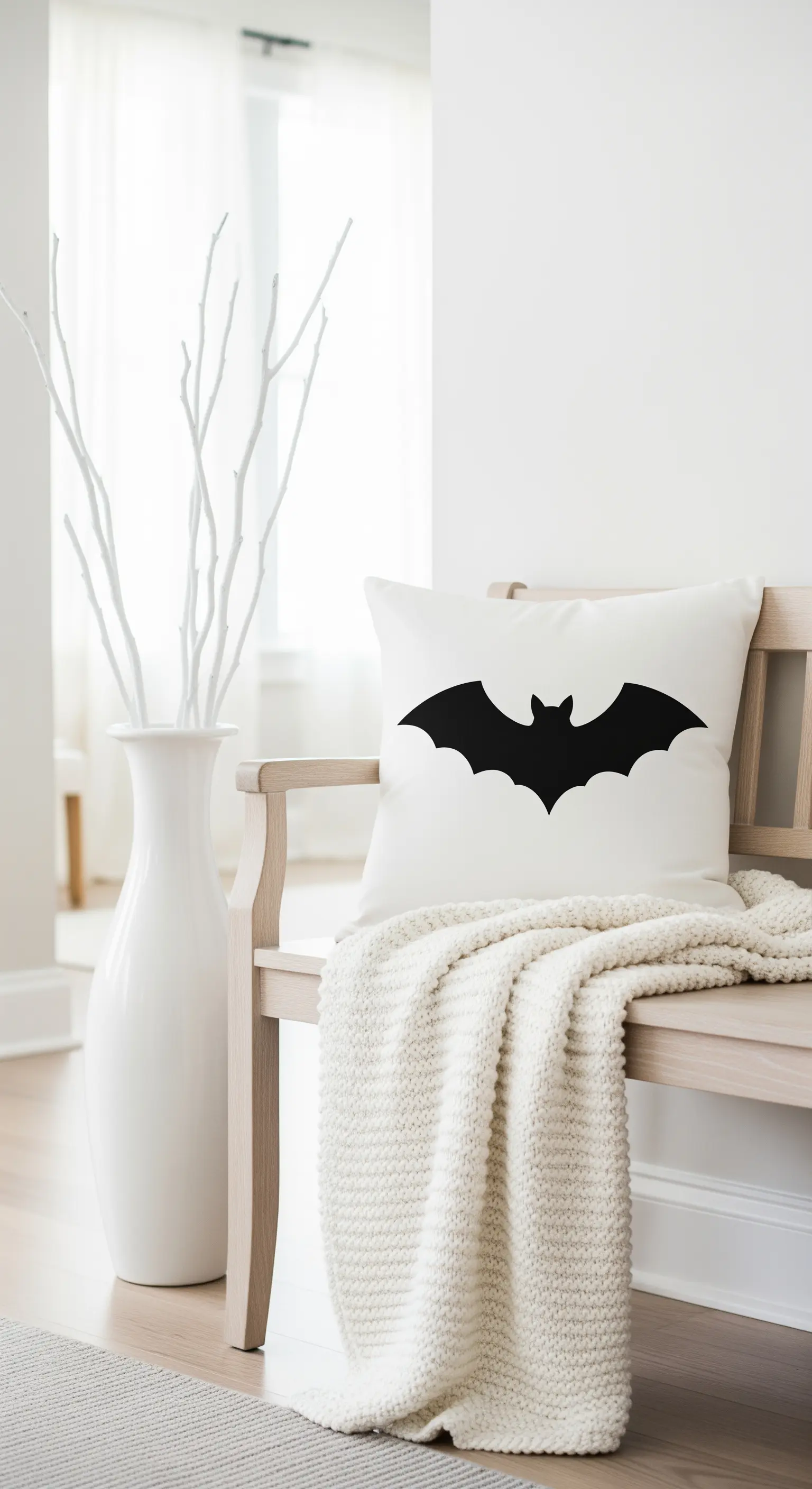 Weiße Bank mit schwarzem Fledermaus-Kissen und weißen Zweigen in Vase