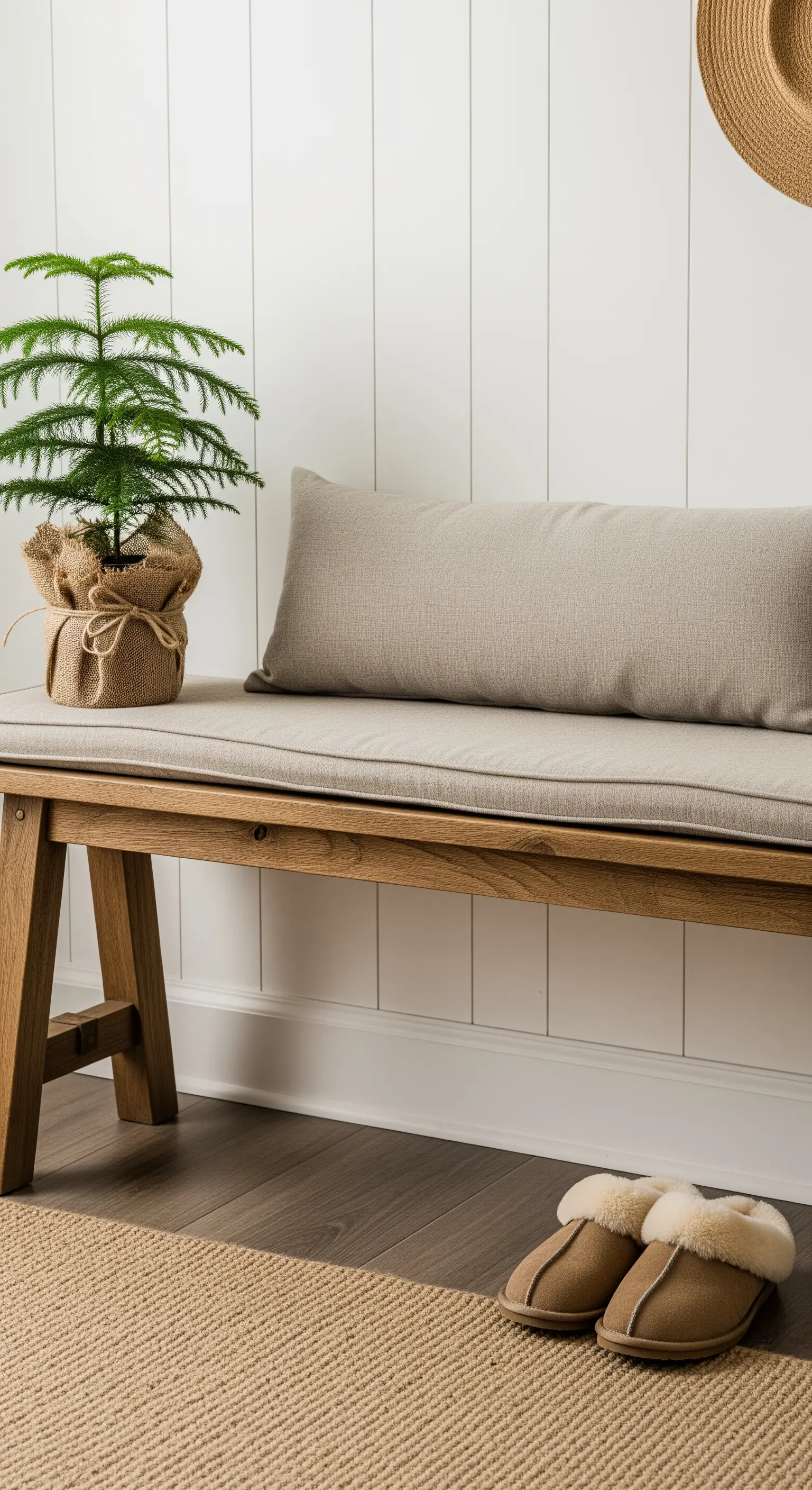 Eingangsbereich mit Holzbank, kleiner Zimmertanne und Lammfell-Hausschuhen