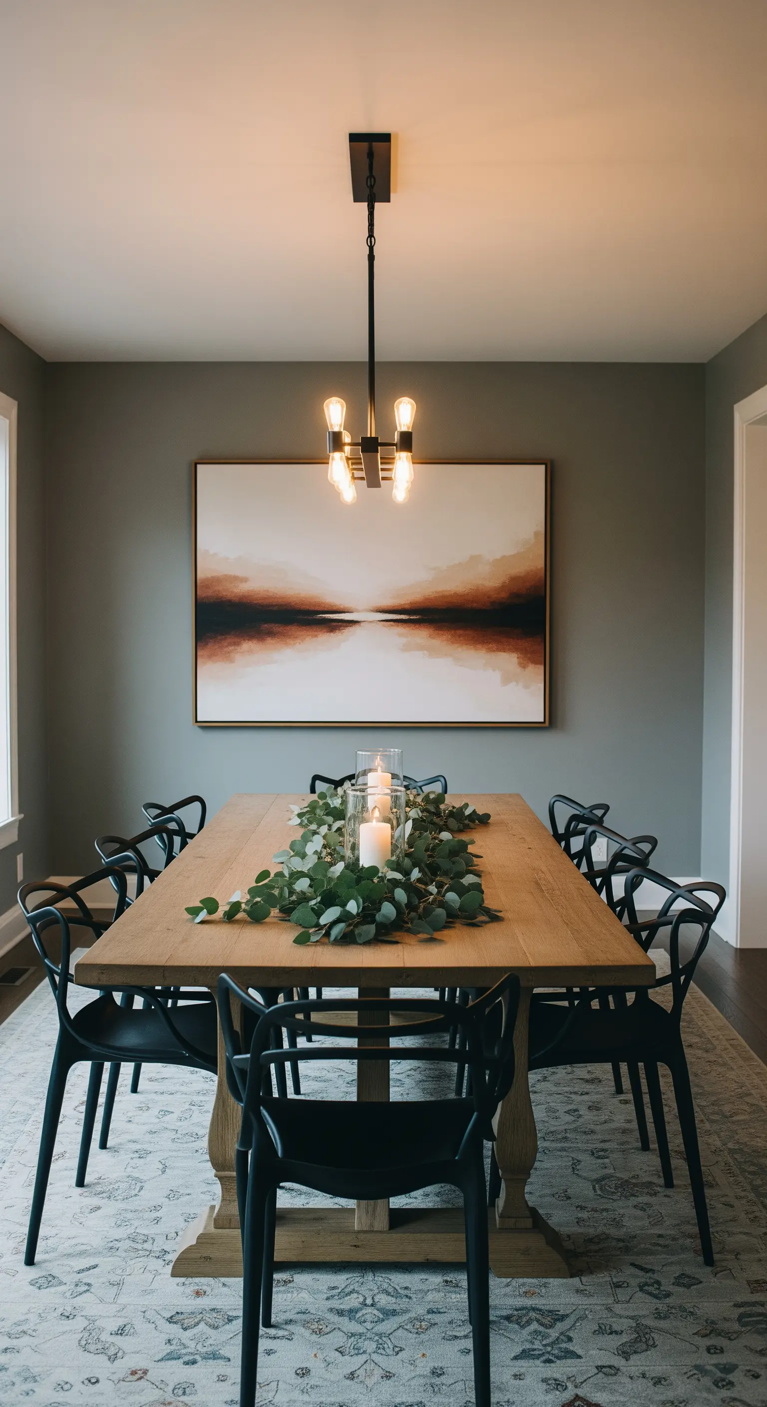 Modernes Esszimmer mit Holztisch, schwarzen Stühlen und Eukalyptus-Tischdeko.