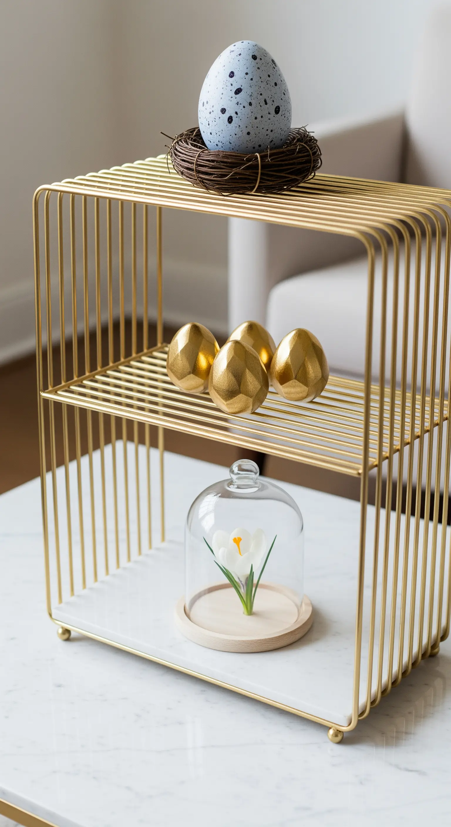 Moderne Etagere aus Gold und Marmor mit minimalistischer Osterdeko