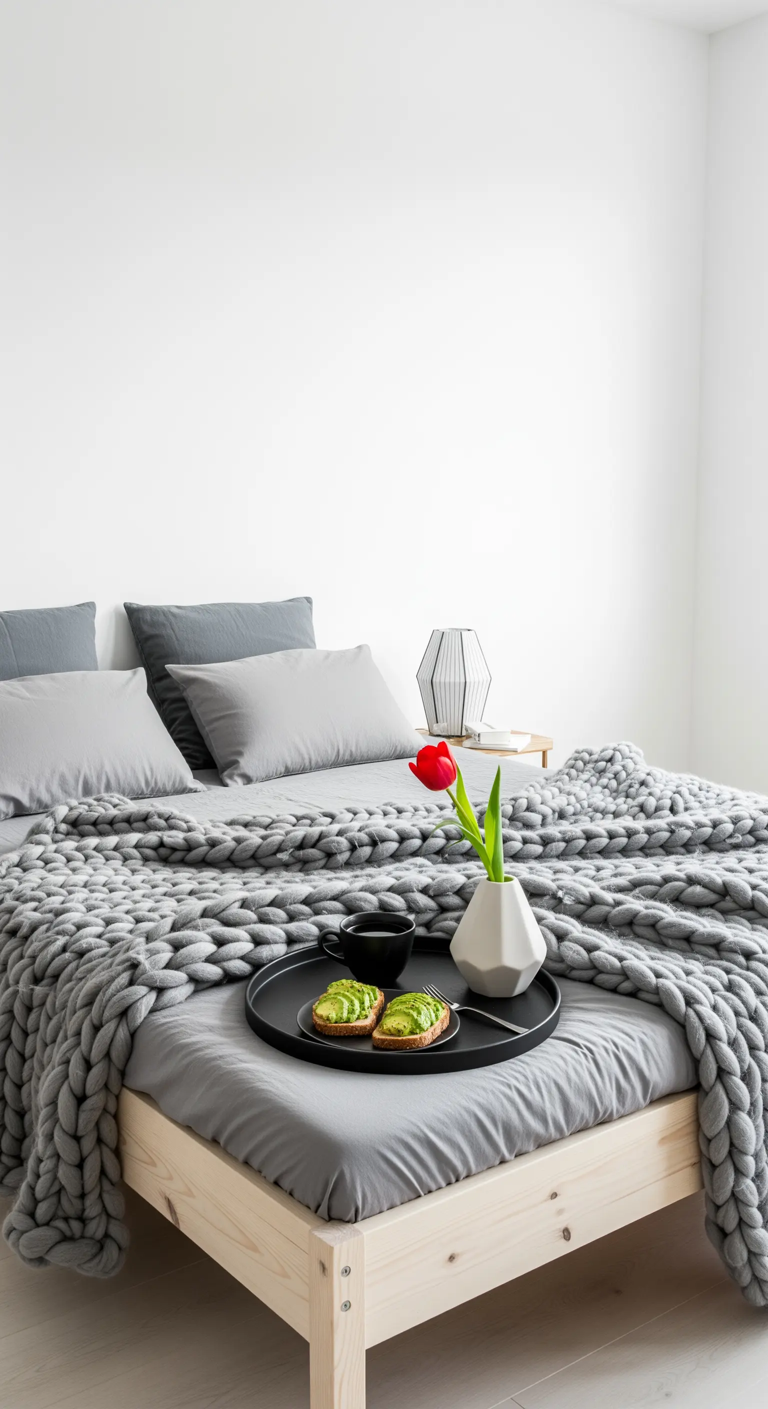 Minimalistisches Frühstück im Bett mit grauer Bettwäsche, Tulpe und schlichtem Tablett