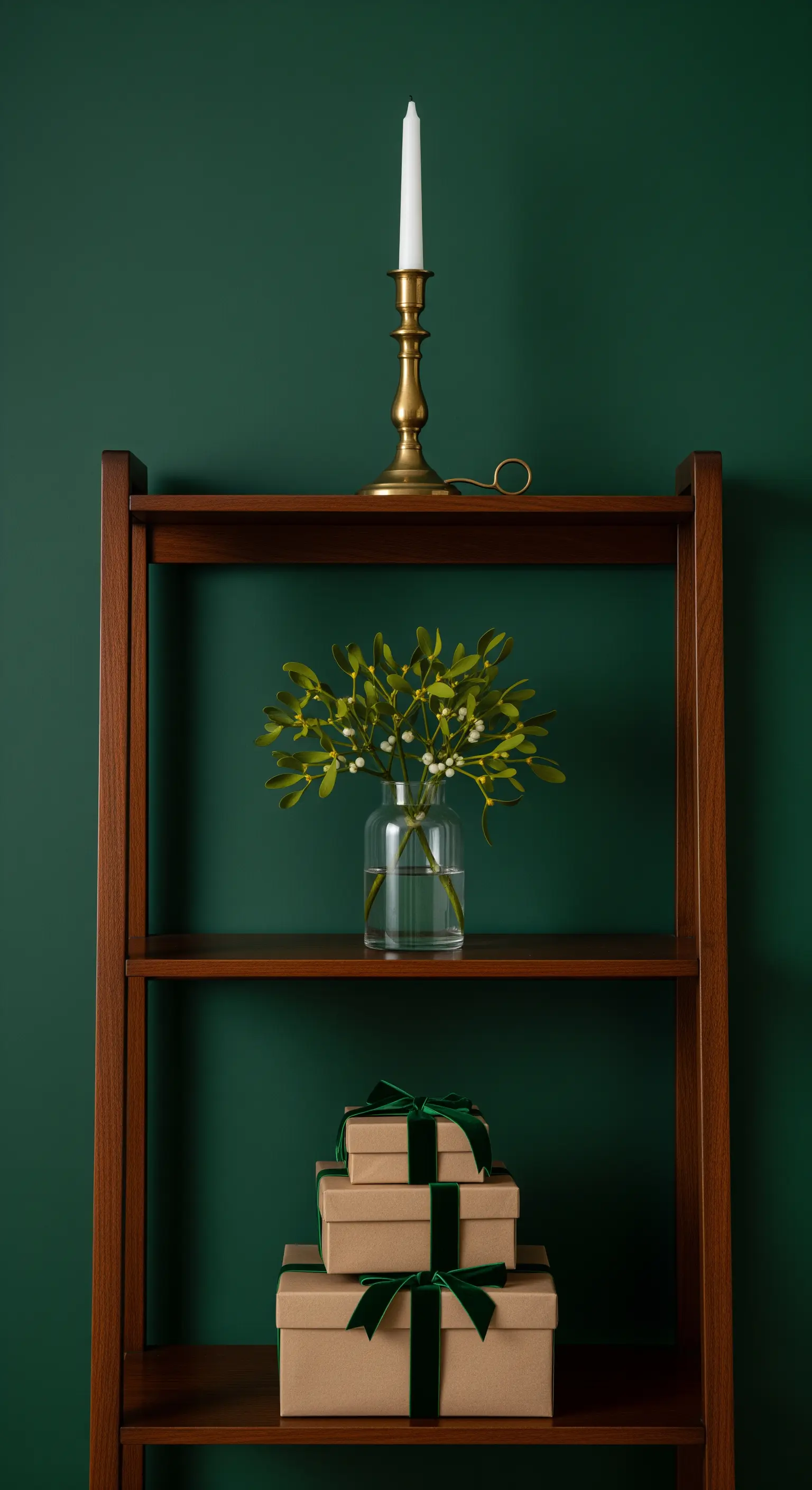 Dunkle Holz-Etagere vor grüner Wand mit Mistelzweig und Messing-Kerzenhalter