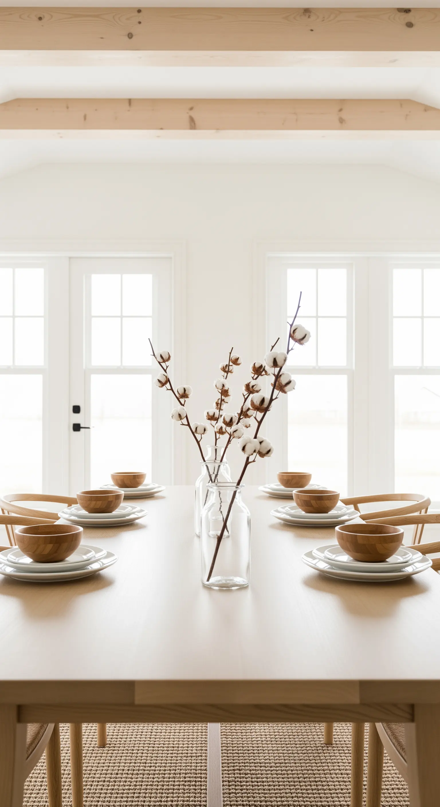 Baumwollzweige in Glasvasen auf hellem Holztisch mit minimalistischem Geschirr für elegante Herbst-Deko.