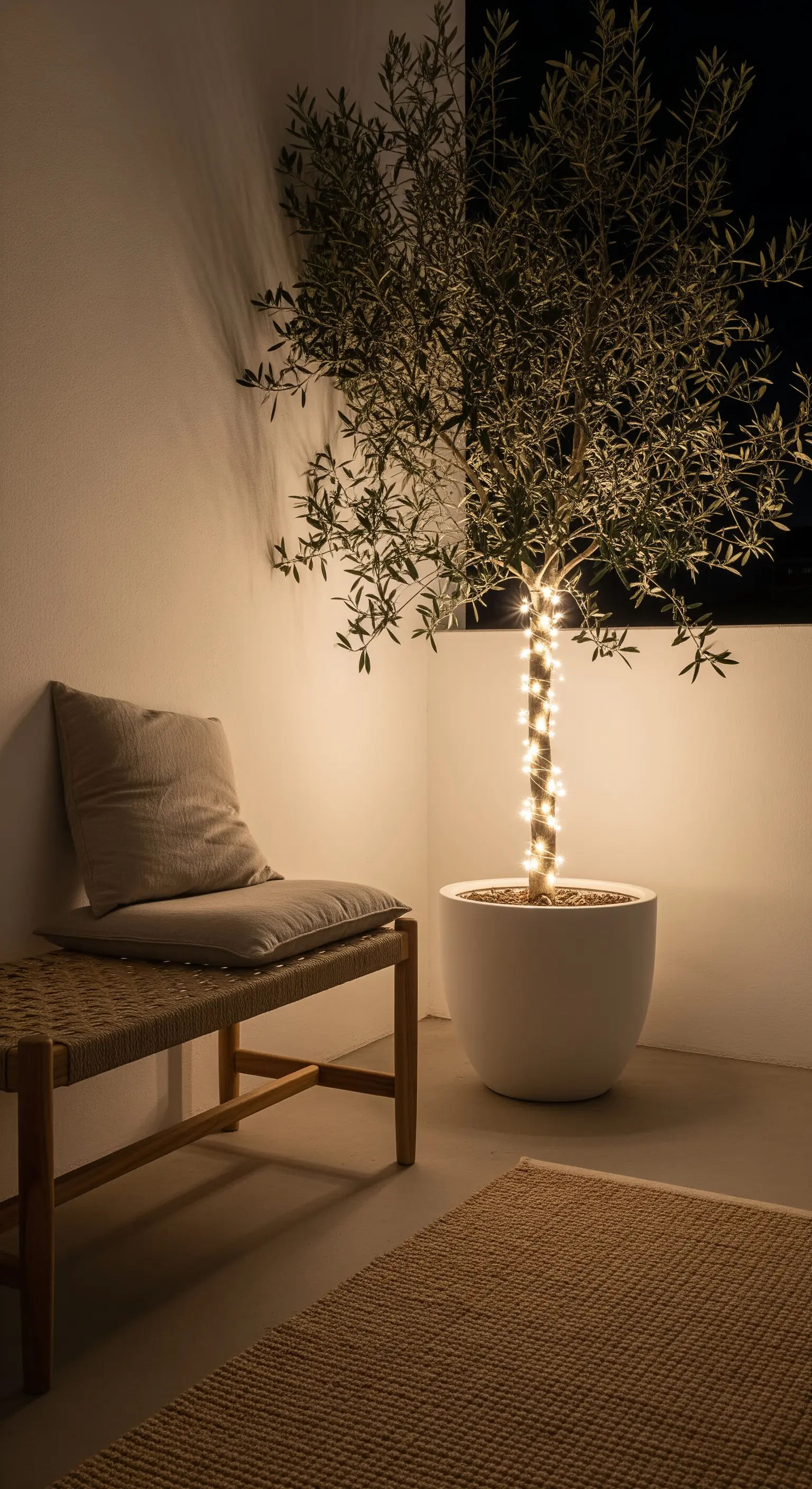 Minimalistischer Balkon mit einem Olivenbaum, der mit einer Lichterkette umwickelt ist