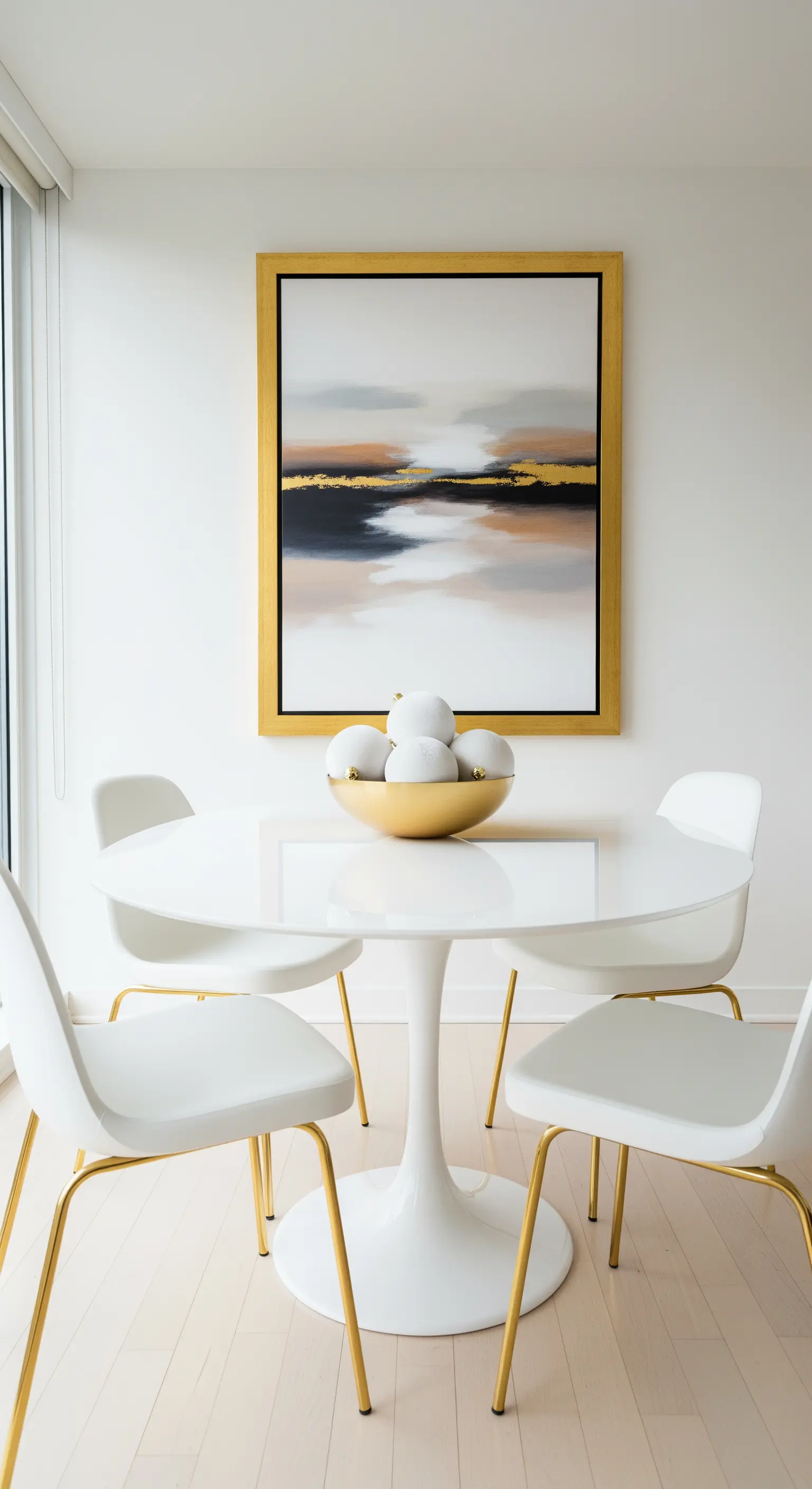 Minimalistischer Essbereich mit goldenem Akzent und abstraktem Wandbild
