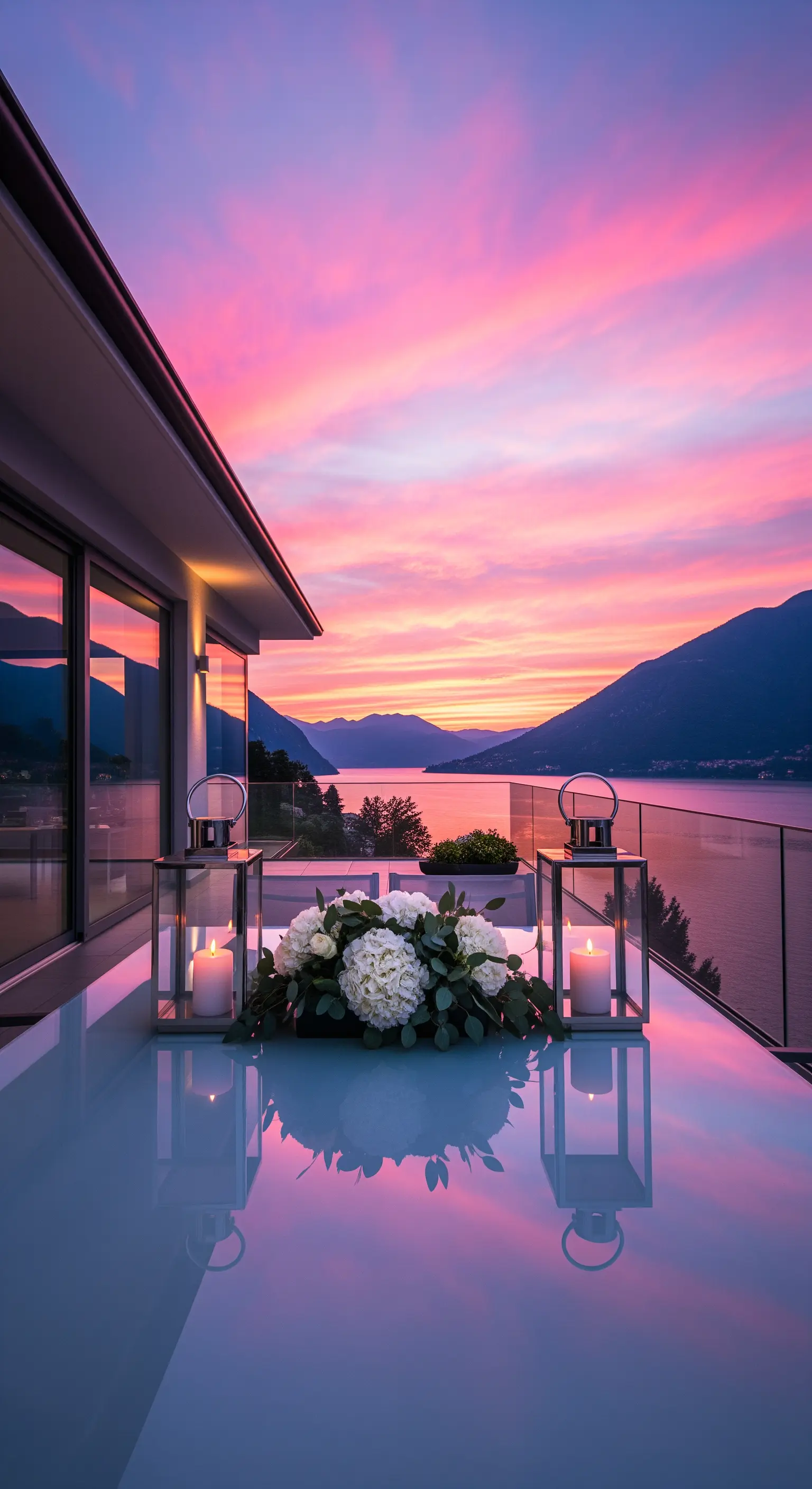 Moderne Terrasse mit zwei Laternen, weißen Hortensien und Kerzen bei Sonnenuntergang über einem See.