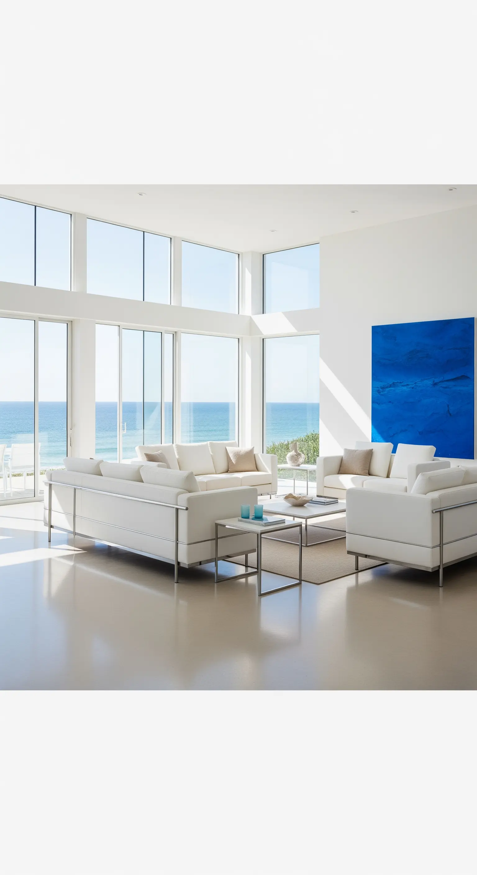 Modernes minimalistisches Wohnzimmer mit bodentiefen Fenstern und Meerblick